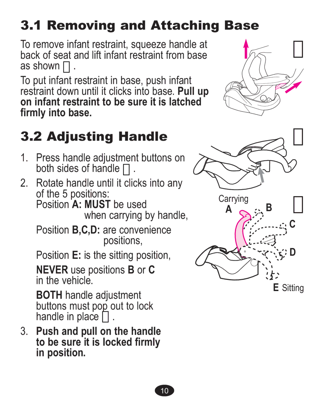 Graco AlanoTM owner manual Removing and Attaching Base, Adjusting Handle 