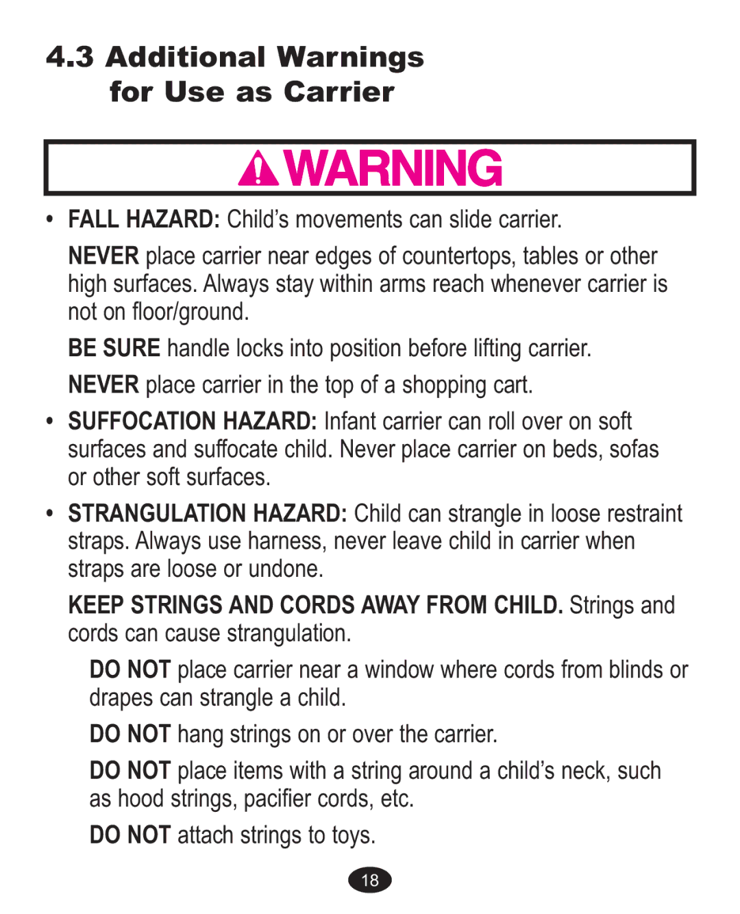 Graco AlanoTM owner manual Additional Warnings for Use as Carrier 