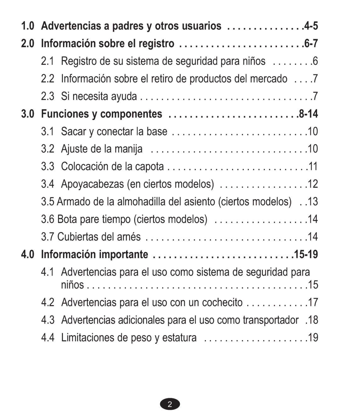 Graco AlanoTM owner manual Funciones y componentes, Información importante 15-19 