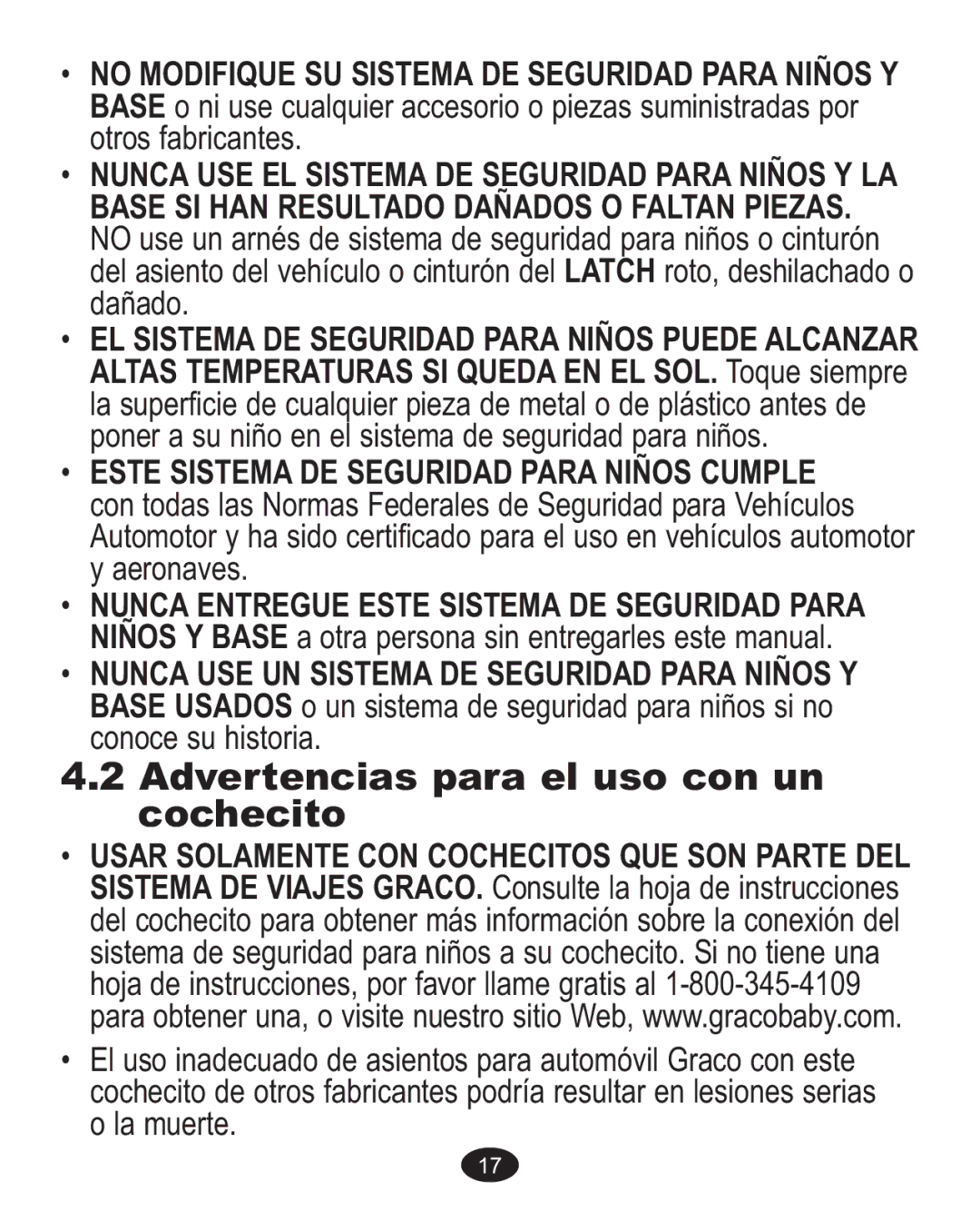 Graco AlanoTM owner manual Advertencias para el uso con un Cochecito, Nunca USE EL Sistema DE Seguridad Para Niños Y LA 