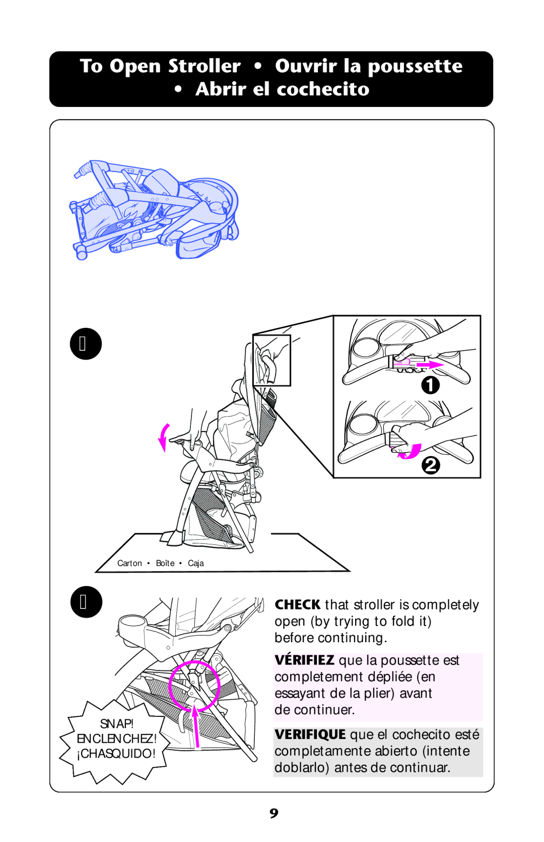 Graco AlanoTM owner manual To Open Stroller Ouvrir la poussette Abrir el cochecito 