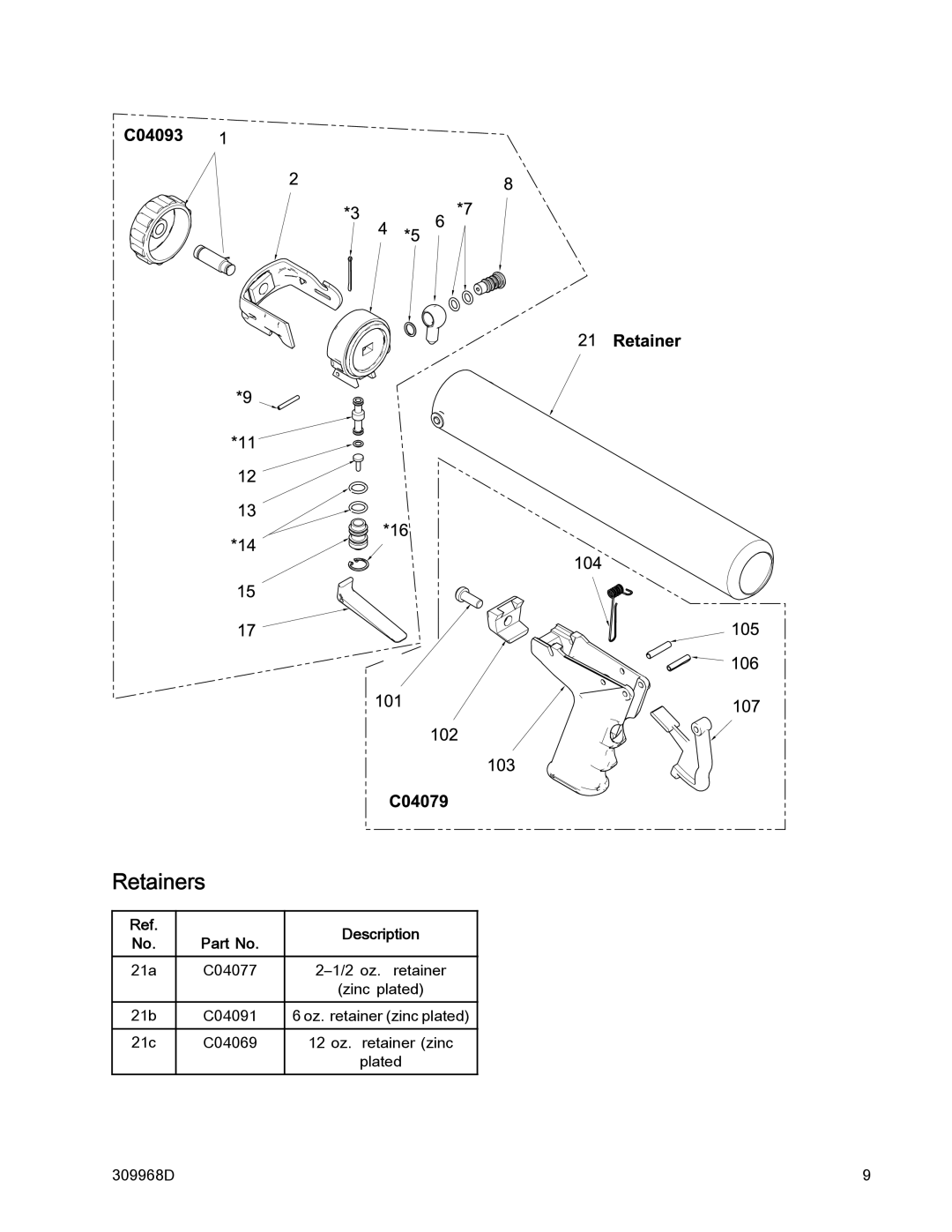 Graco 2.5 oz. (C04074), and 12 oz. (C04068), 6 oz (C04087)(C04076), 6 oz. (C04090) Retainers, Description 