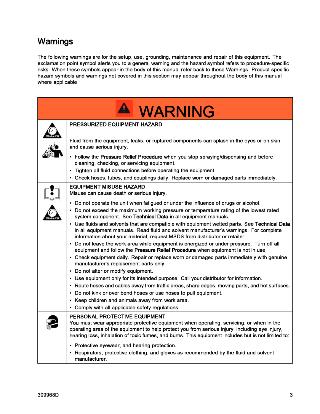 Graco 6 oz. (C04090) Warnings, Pressurized Equipment Hazard, Equipment Misuse Hazard, Personal Protective Equipment 