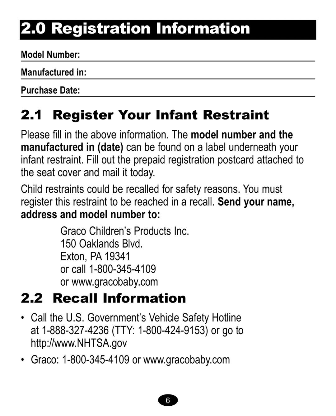 Graco Baby Accessories owner manual Recall Information 