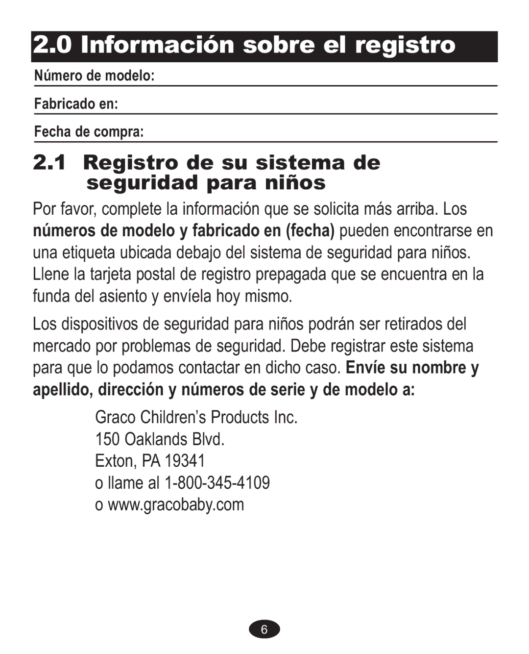 Graco Baby Accessories owner manual Registro de su sistema de Seguridad para niños 