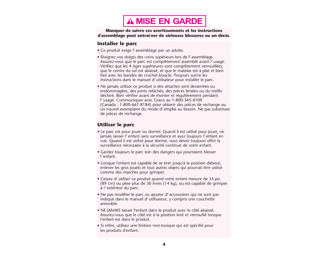 Graco Baby Playpen owner manual Installer le parc, Utiliser le parc 