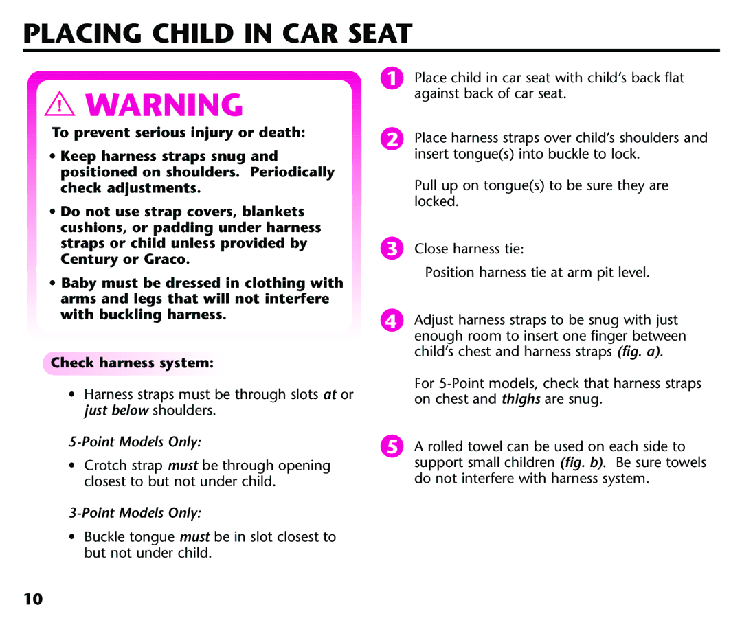 Graco Baby Seat instruction manual Placing Child in CAR Seat 