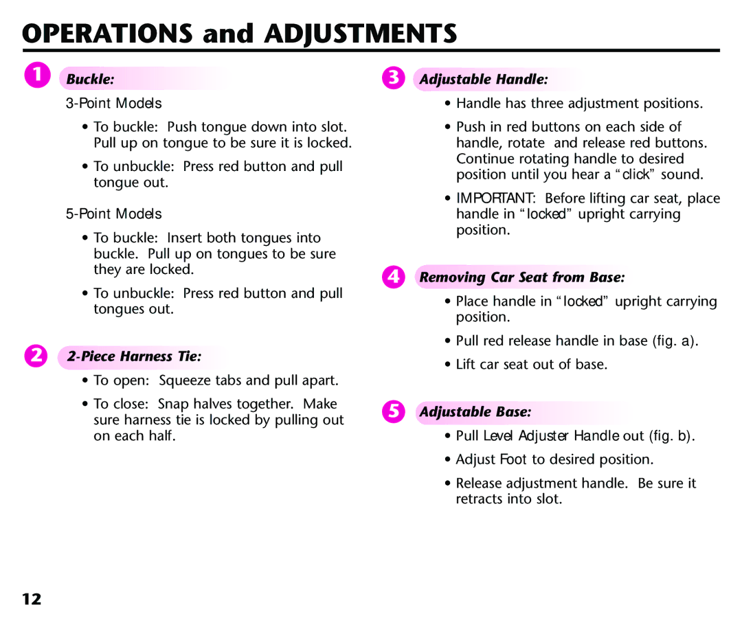 Graco Baby Seat instruction manual Operations and Adjustments 