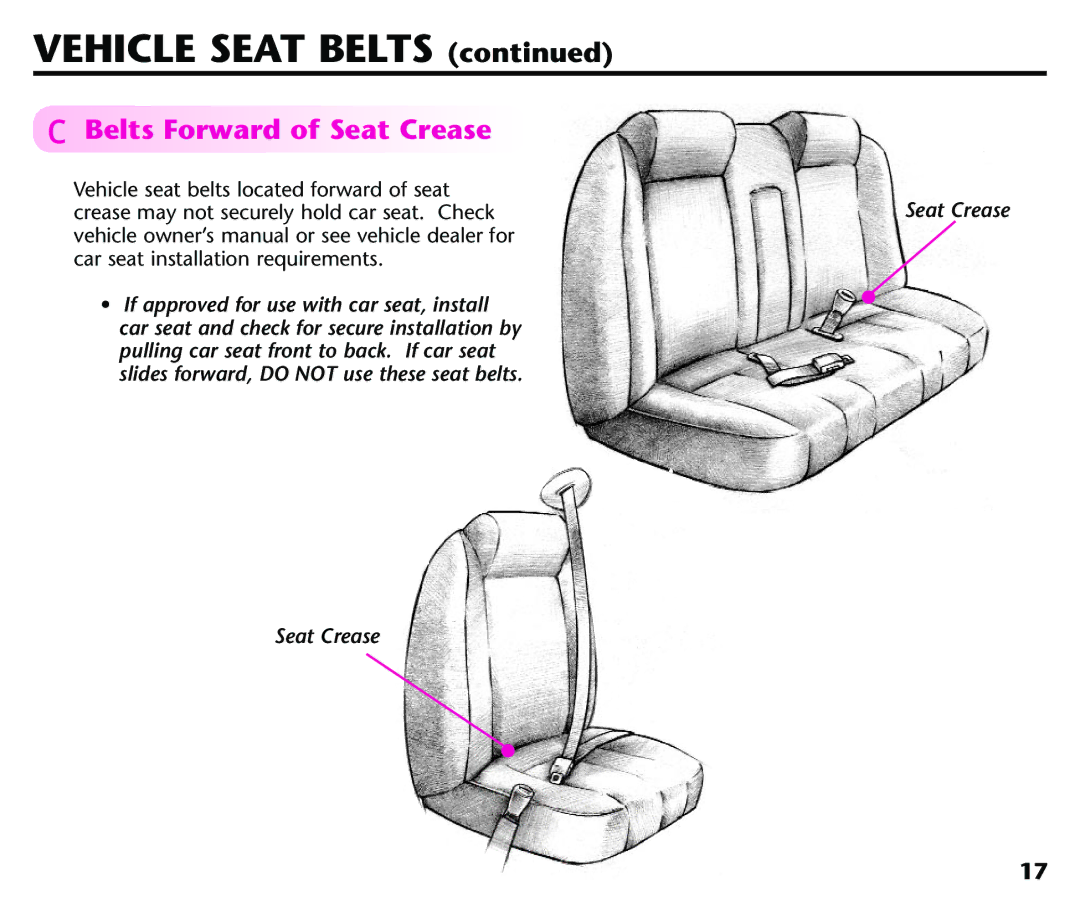 Graco Baby Seat instruction manual Vehicle Seat Belts, Belts Forward of Seat Crease 