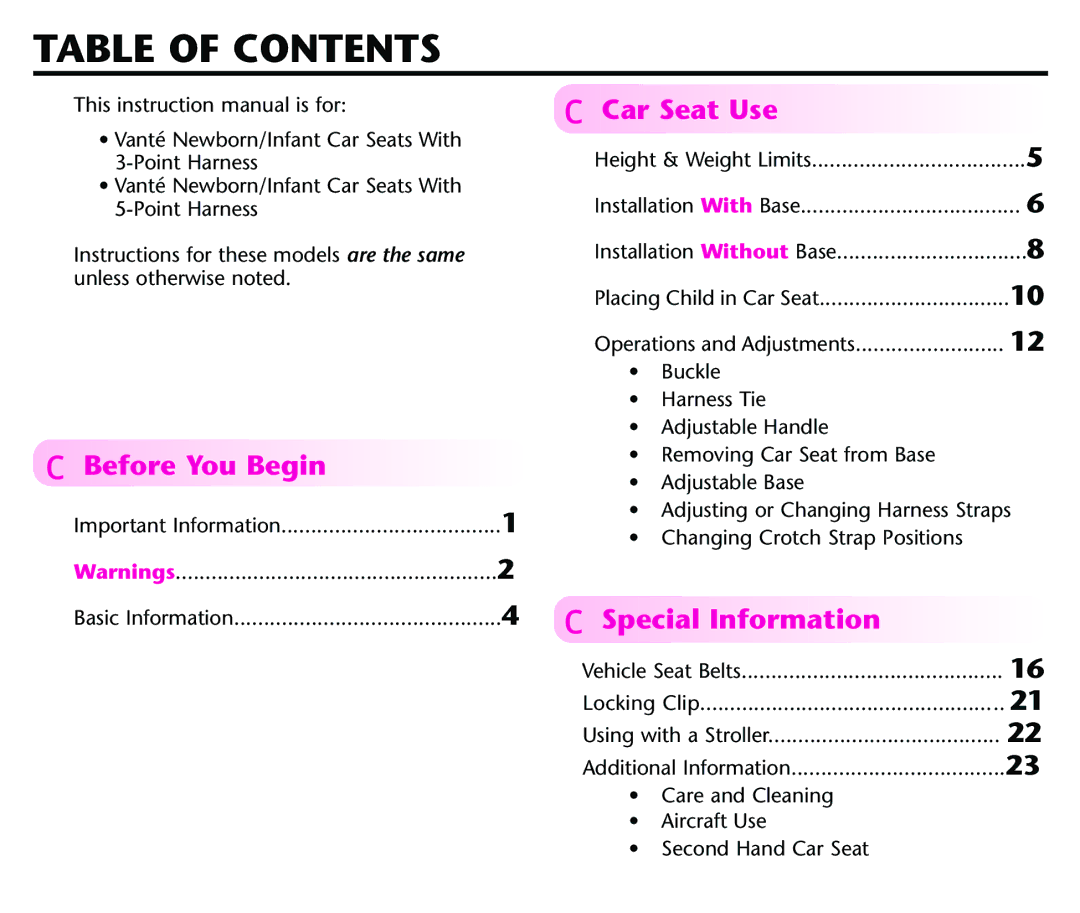 Graco Baby Seat instruction manual Table of Contents 