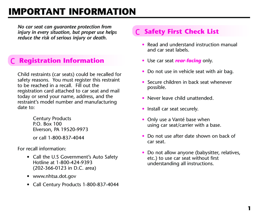 Graco Baby Seat instruction manual Important Information, Registration Information, Safety First Check List 