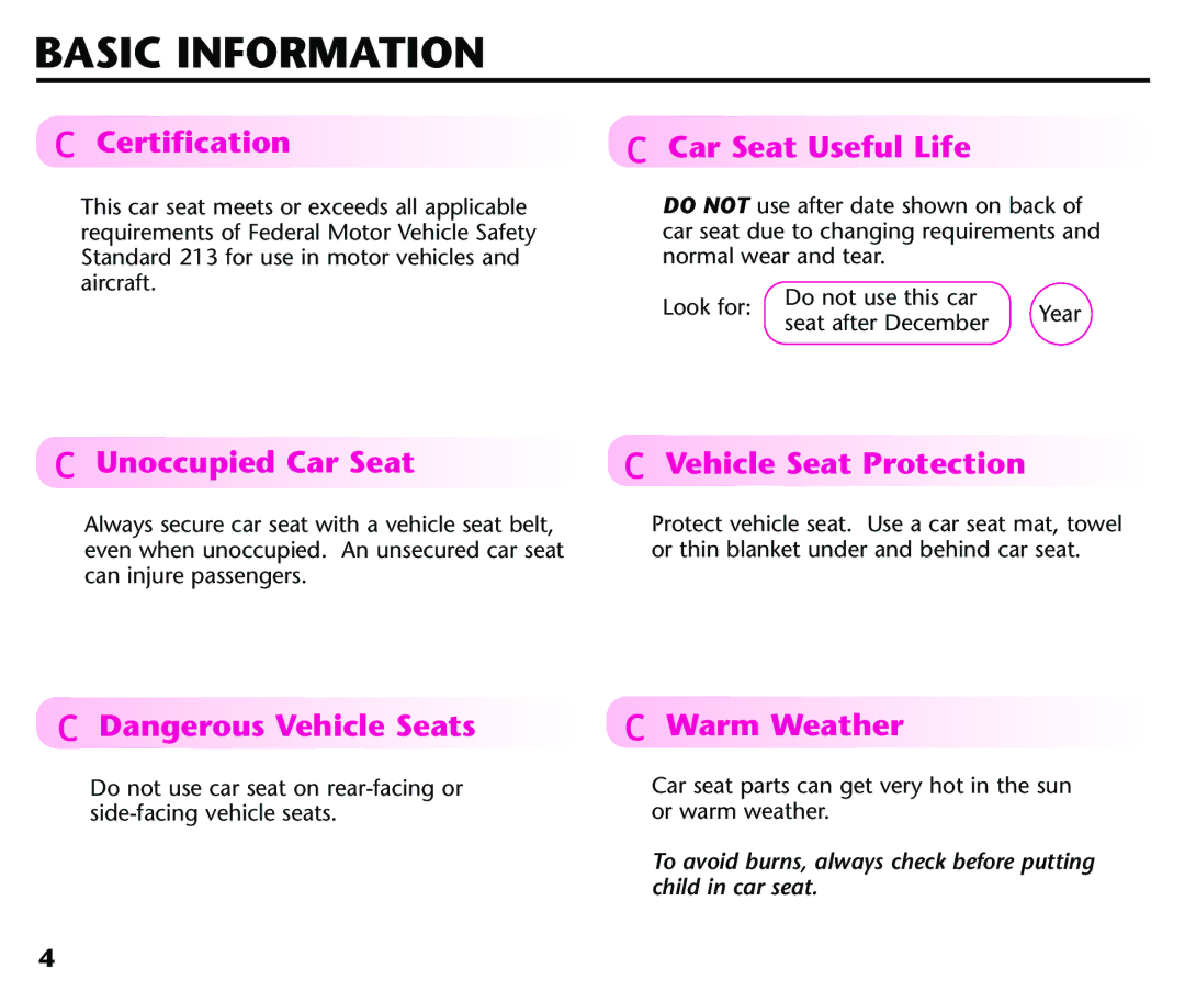 Graco Baby Seat Basic Information, Certification, Car Seat Useful Life, Unoccupied Car Seat F Vehicle Seat Protection 