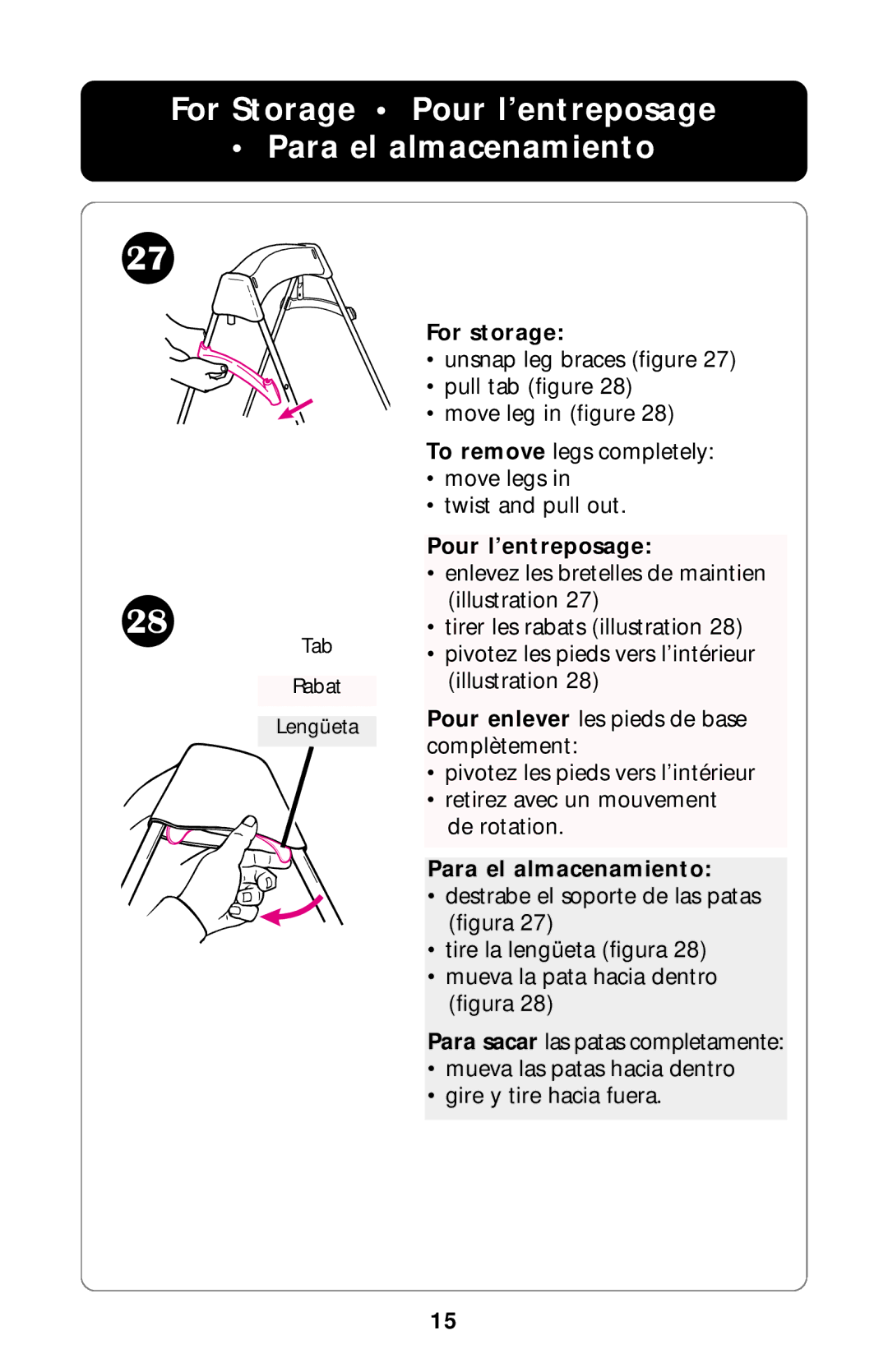 Graco Baby Swing manual For Storage Pour l’entreposage Para el almacenamiento, For storage 