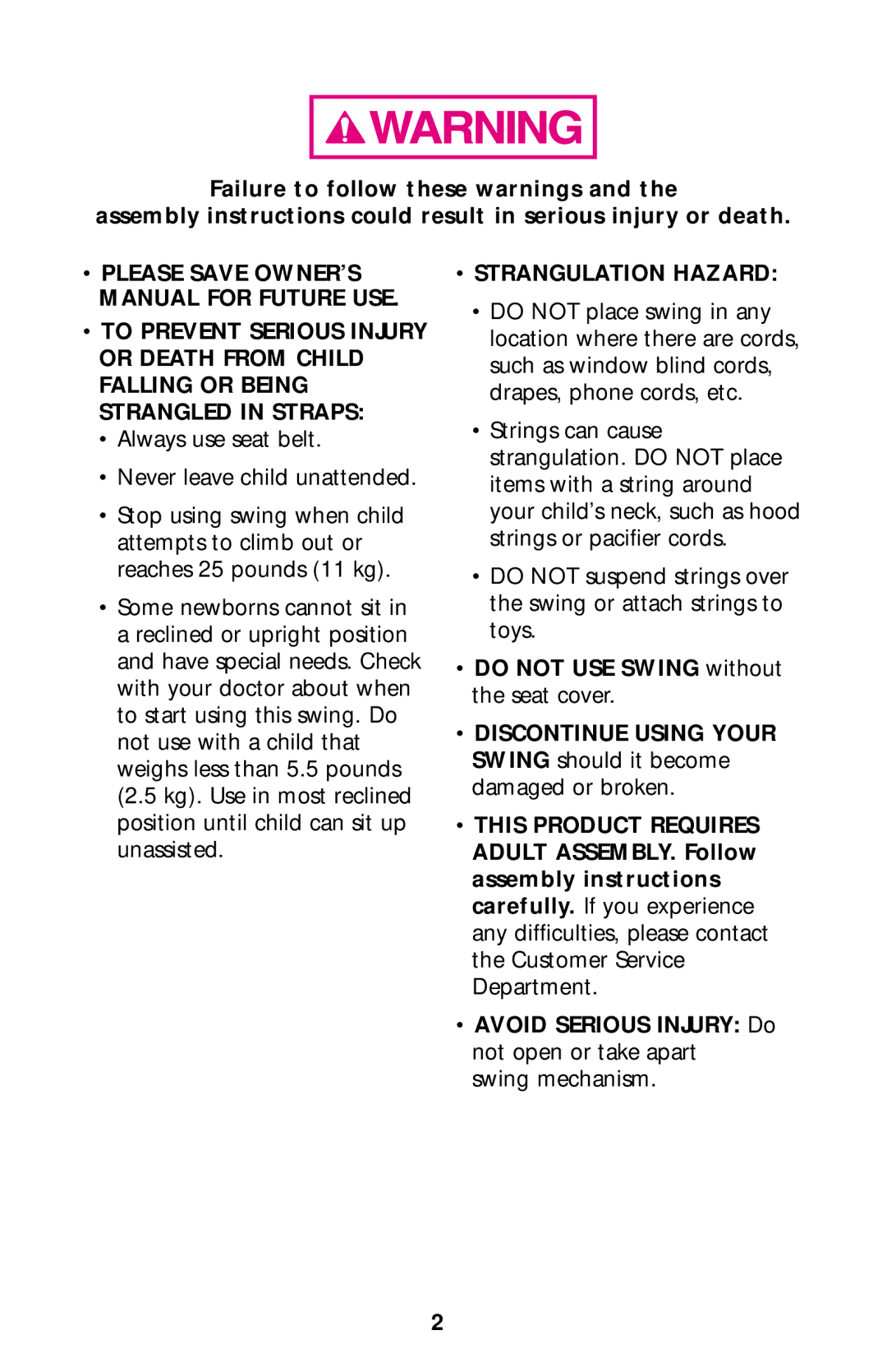 Graco Baby Swing manual Strangulation Hazard 