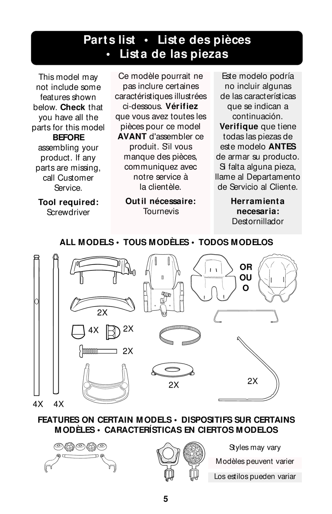 Graco Baby Swing manual Parts list Liste des pièces Lista de las piezas, ALL Models Tous Modèles Todos Modelos 