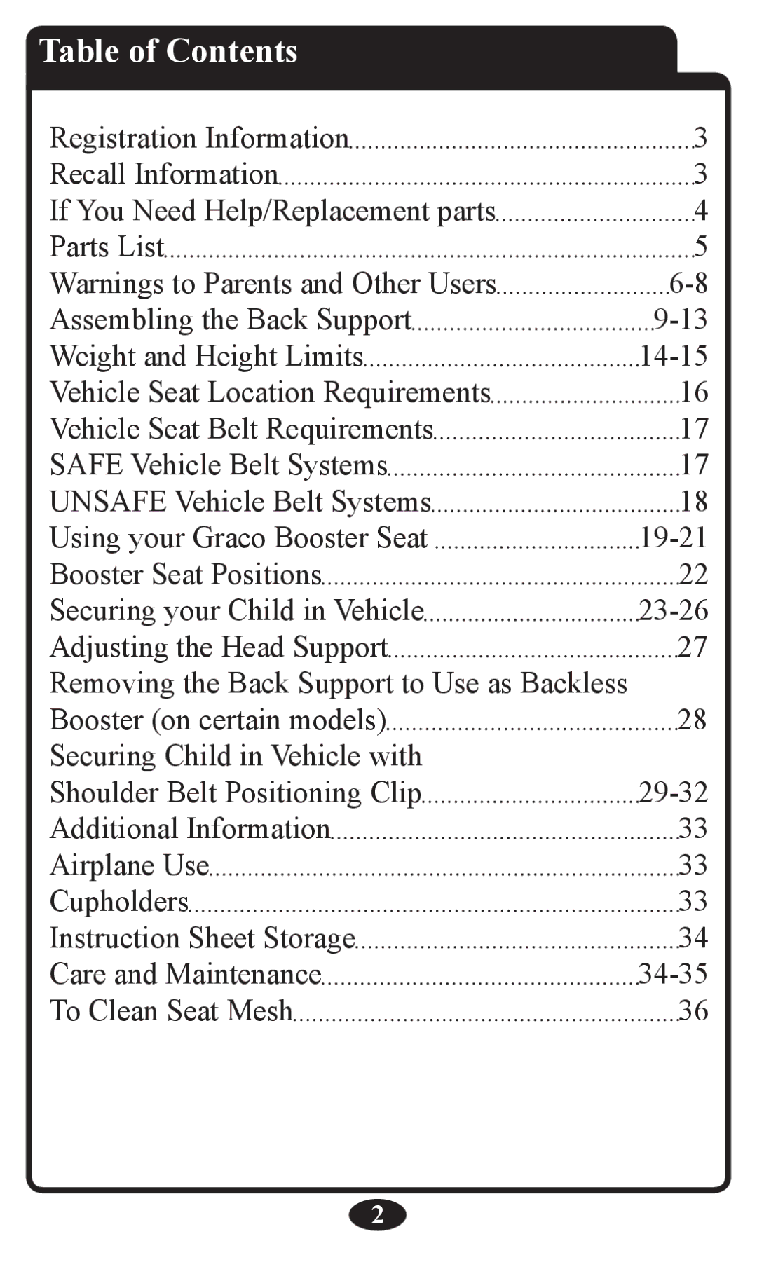 Graco Booster Seat owner manual Table of Contents 