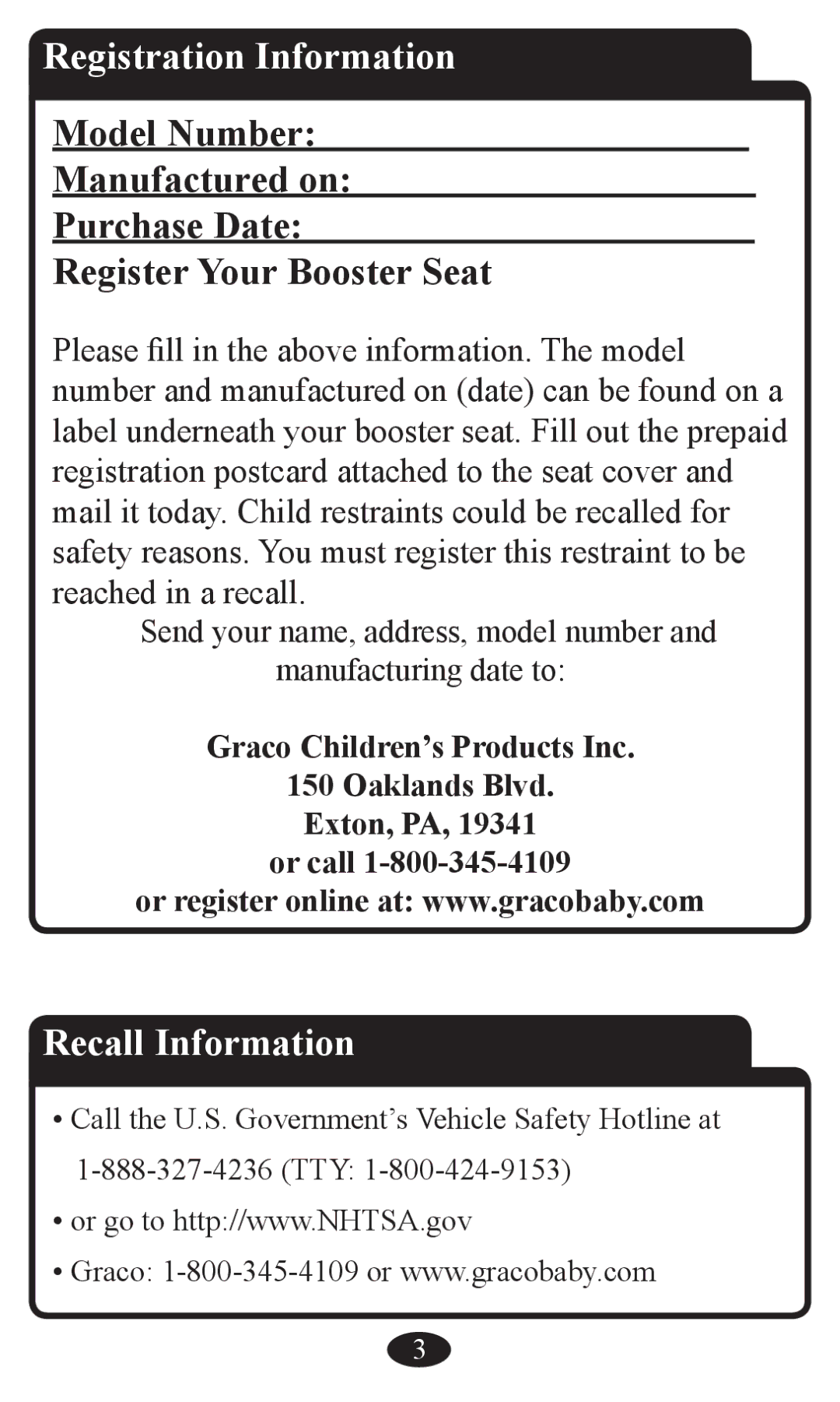 Graco Booster Seat owner manual Registration Information, Recall Information 