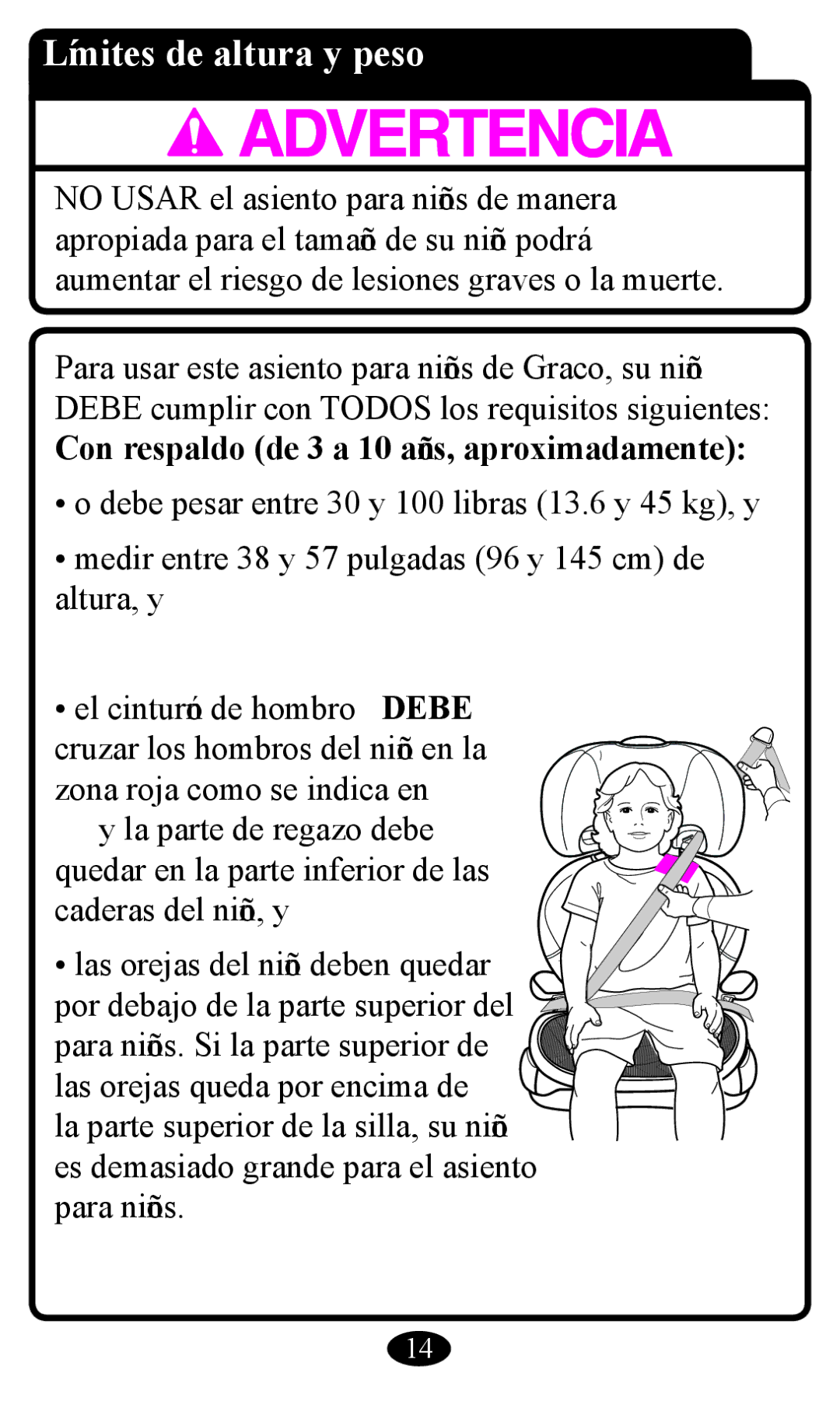 Graco Booster Seat owner manual Límites de altura y peso, Con respaldo de 3 a 10 años, aproximadamente 