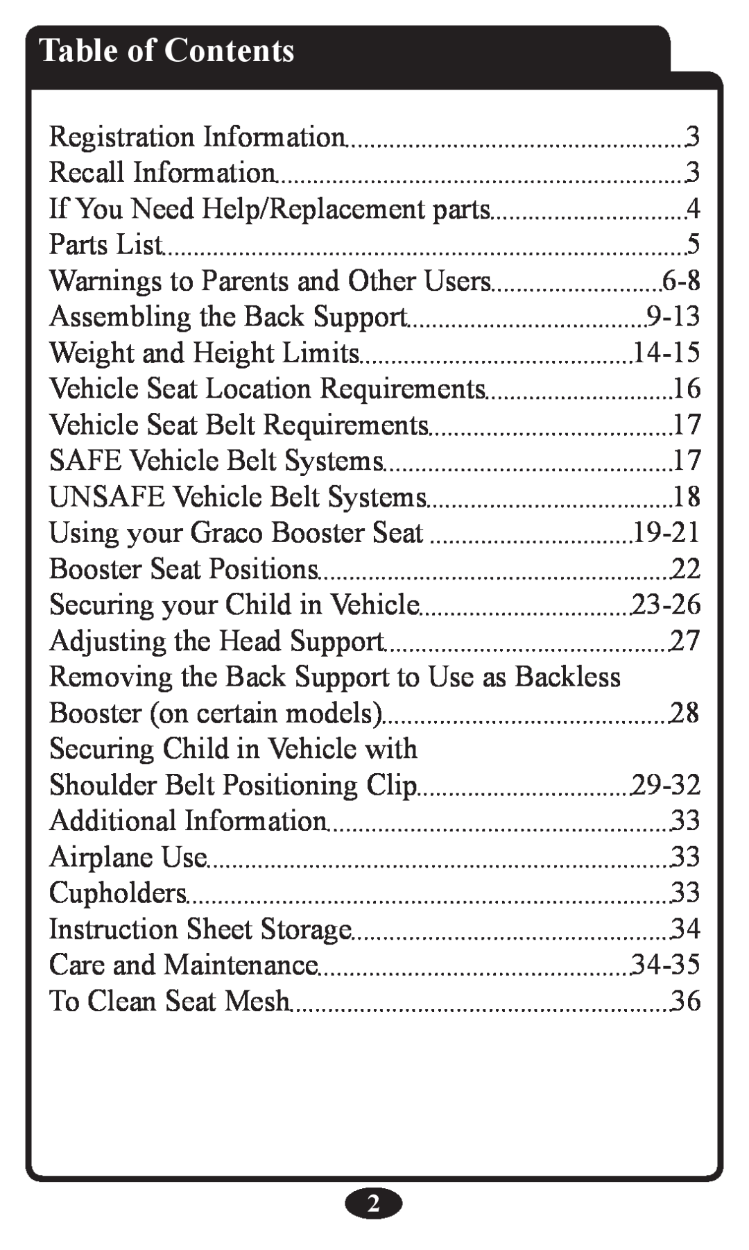 Graco Booster Seat owner manual Table of Contents 
