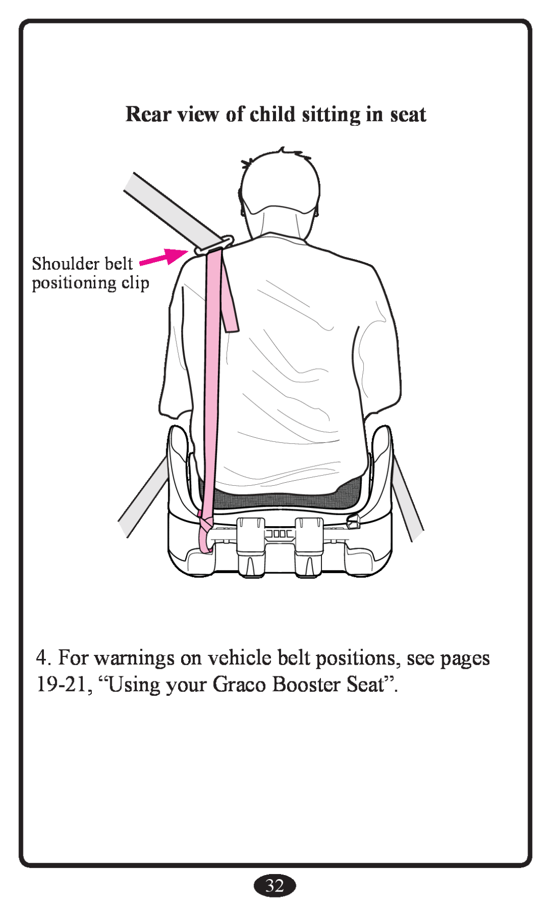 Graco Booster Seat owner manual Rear view of child sitting in seat, For warnings on vehicle belt positions, see pages 