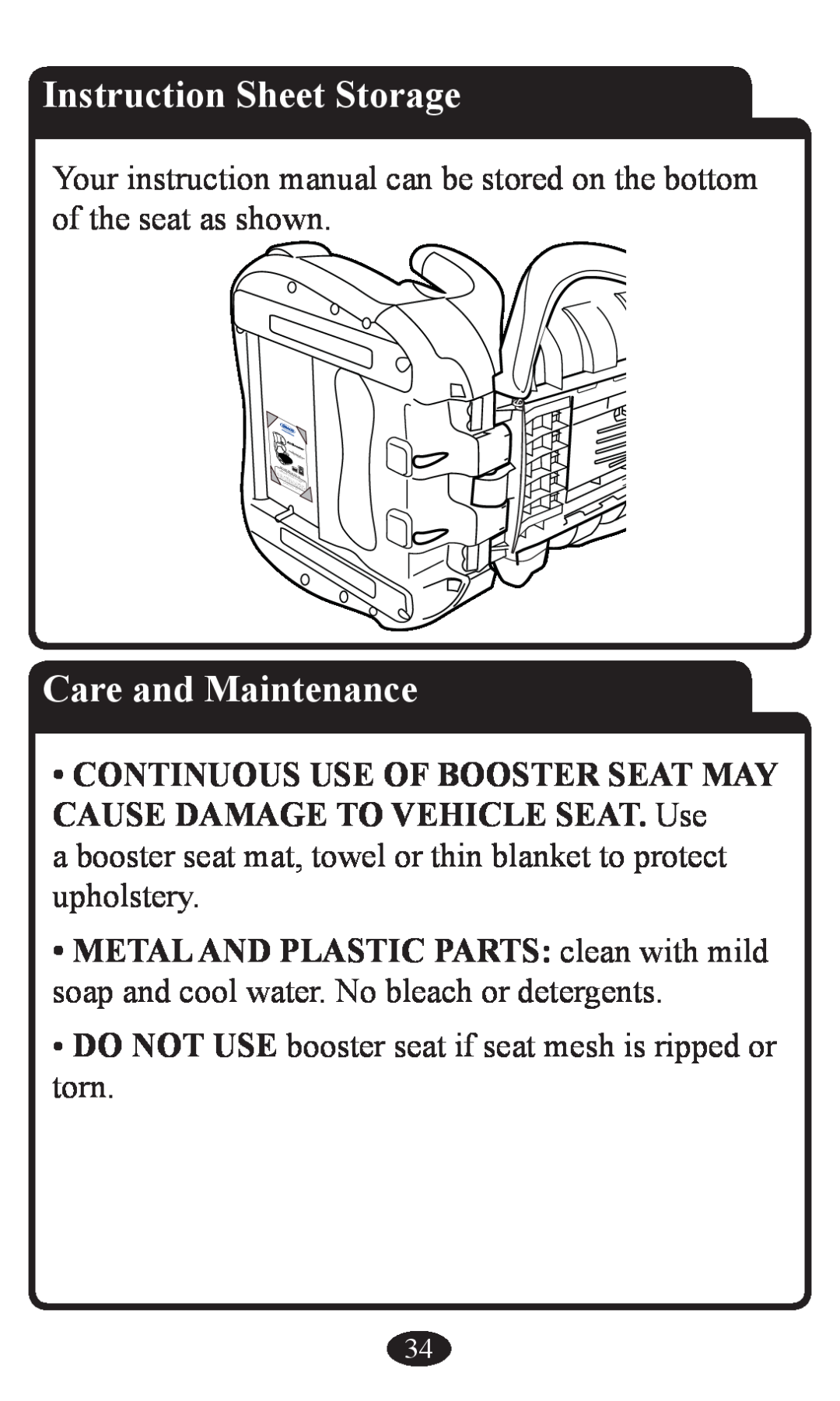 Graco Booster Seat owner manual Instruction Sheet Storage, Care and Maintenance 