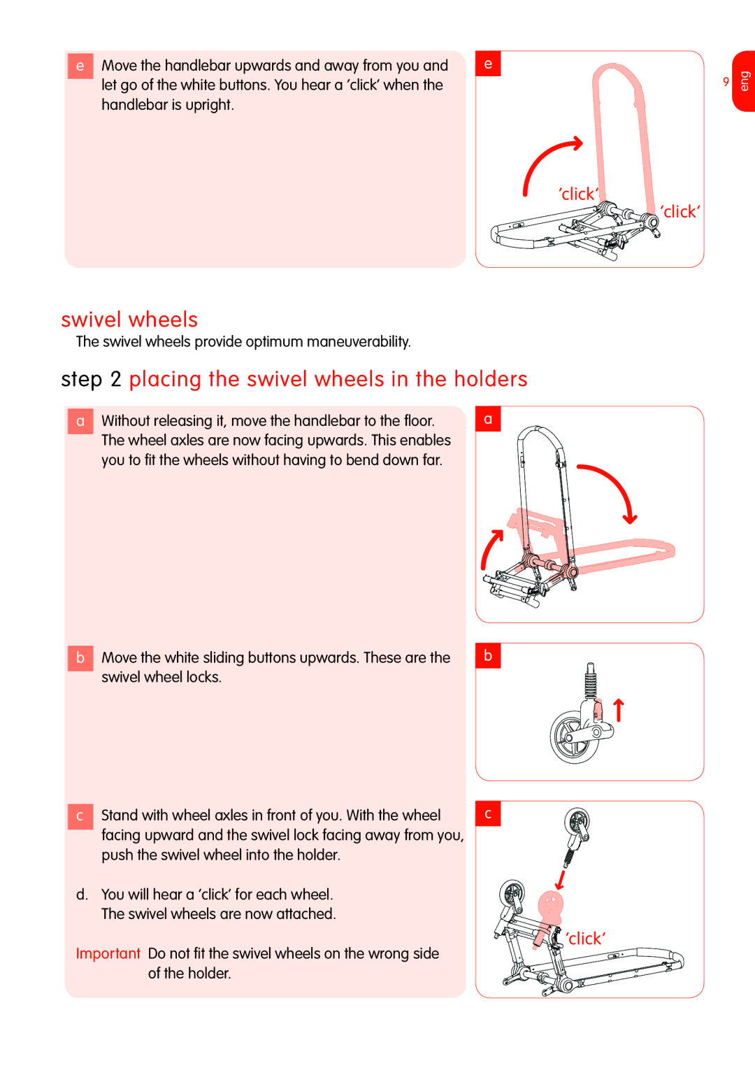 Graco Bugaboo Stroller manual Swivel wheels, Placing the swivel wheels in the holders, ‘click’ 