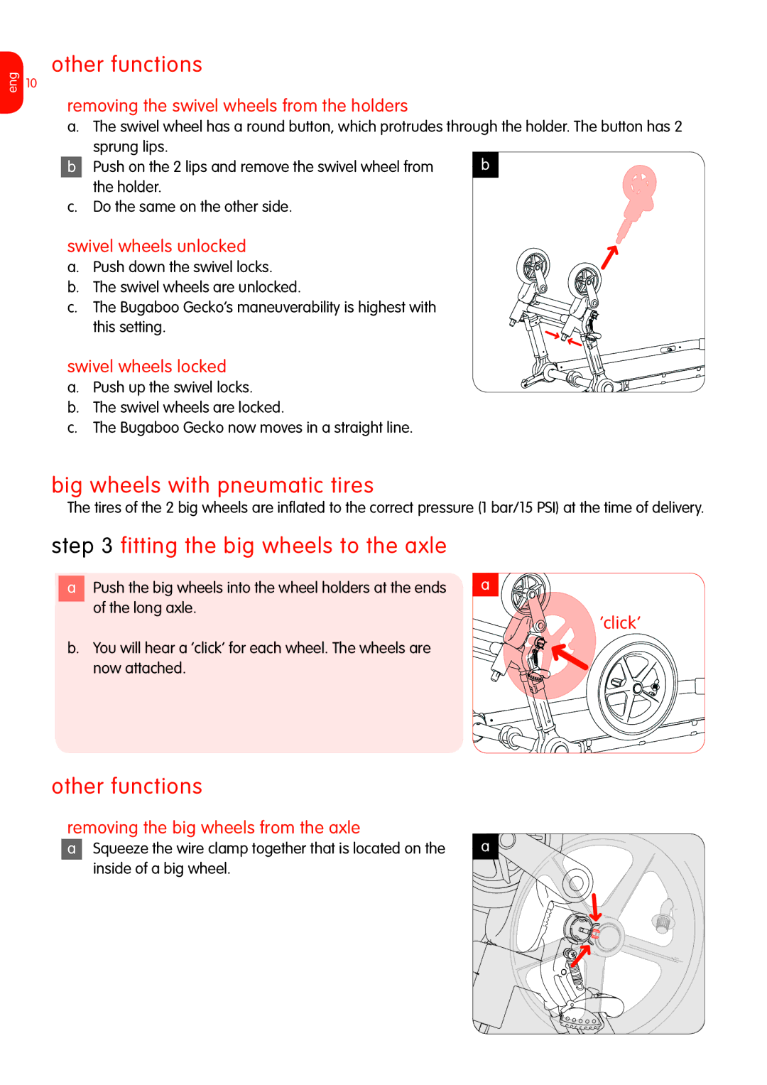 Graco Bugaboo Stroller manual Other functions, Big wheels with pneumatic tires, Fitting the big wheels to the axle 