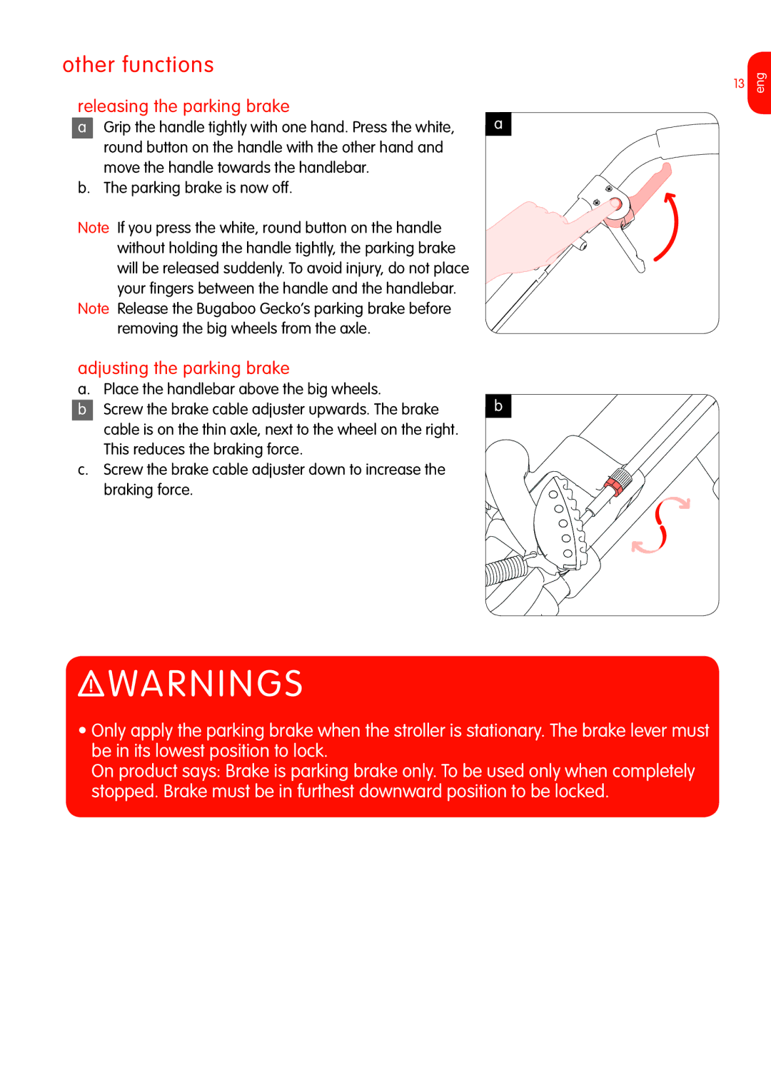 Graco Bugaboo Stroller manual Releasing the parking brake, Adjusting the parking brake 