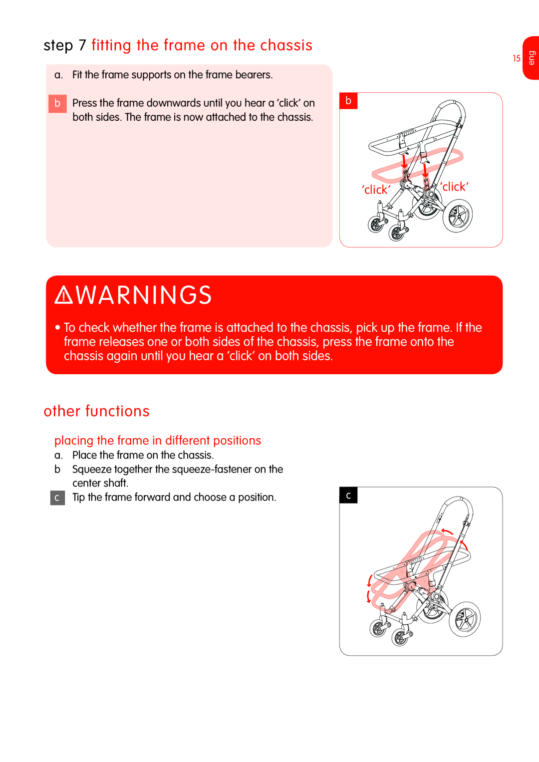 Graco Bugaboo Stroller manual ‘click’ ‘click’, Placing the frame in different positions 