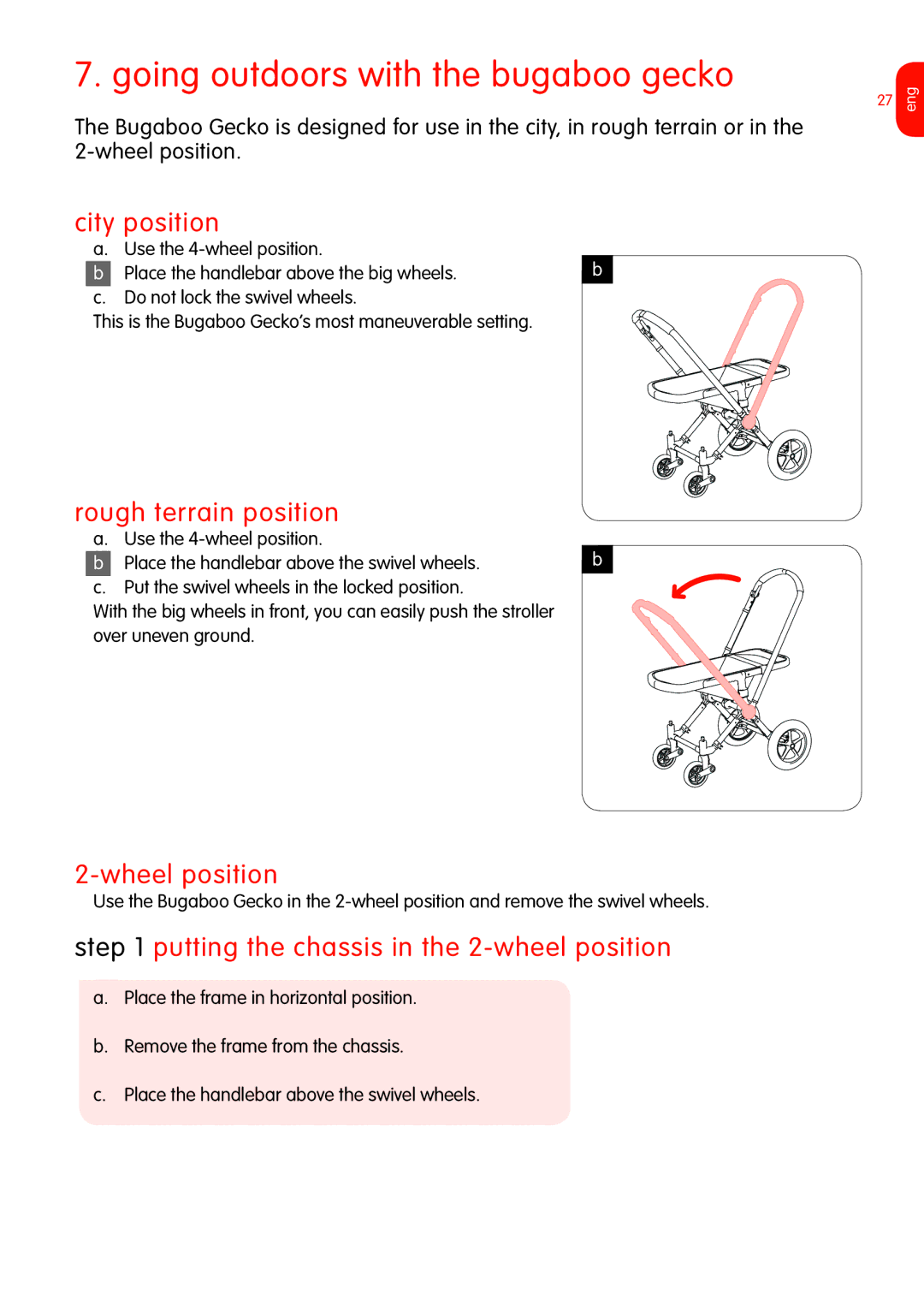 Graco Bugaboo Stroller manual Going outdoors with the bugaboo gecko, City position, Rough terrain position, Wheel position 