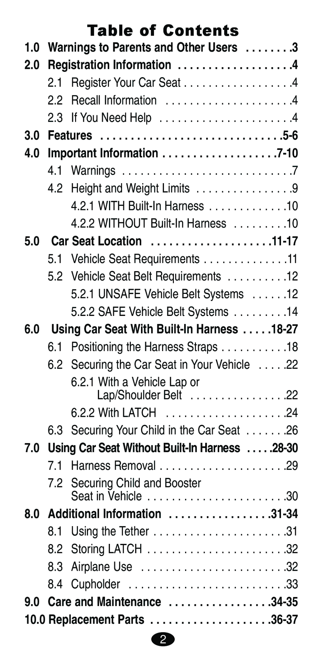 Graco Car Seat/Booster manual Table of Contents 