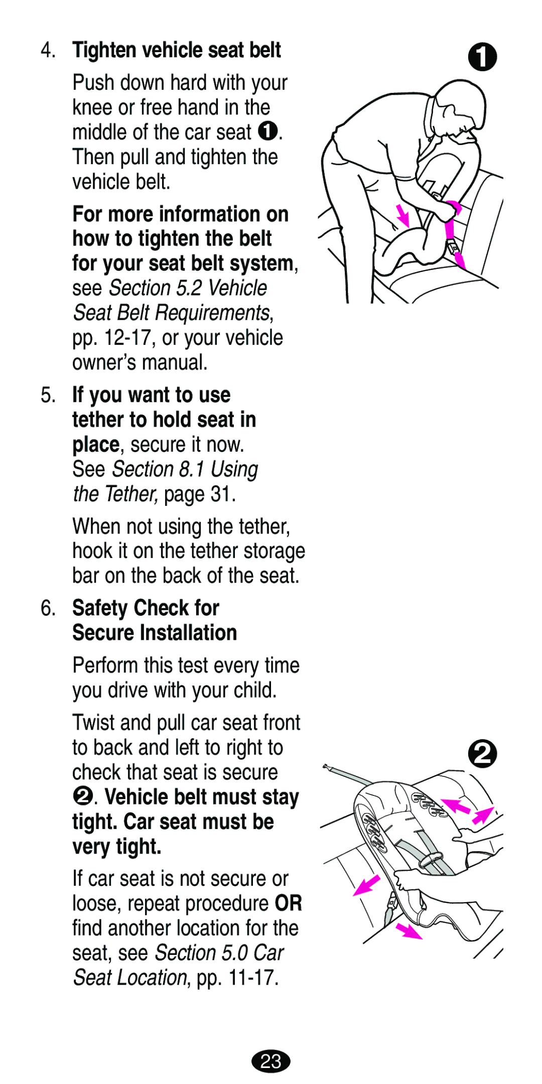 Graco Car Seat/Booster manual Tighten vehicle seat belt, Push down hard with your, Check that seat is secure 