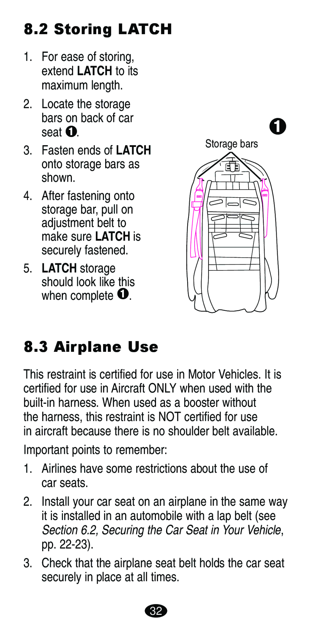 Graco Car Seat/Booster manual Storing Latch, Airplane Use, Locate the storage Bars on back of car seat ™, Latch storage 