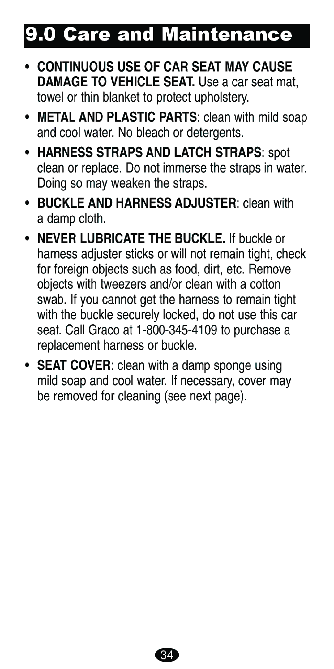 Graco Car Seat/Booster manual Care and Maintenance, Buckle and Harness Adjuster clean with a damp cloth 