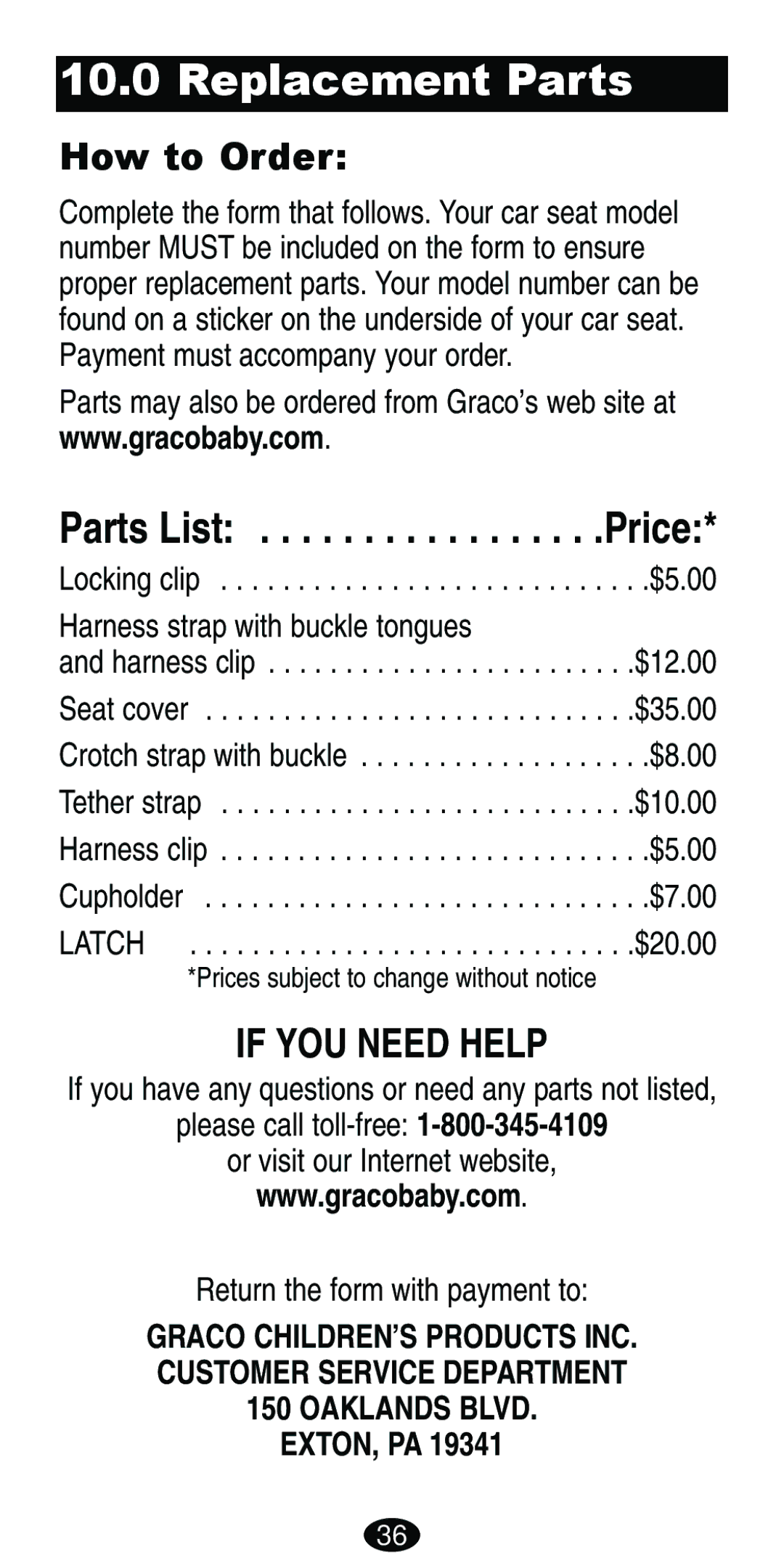 Graco Car Seat/Booster manual Replacement Parts, How to Order, Harness strap with buckle tongues, Exton, Pa 