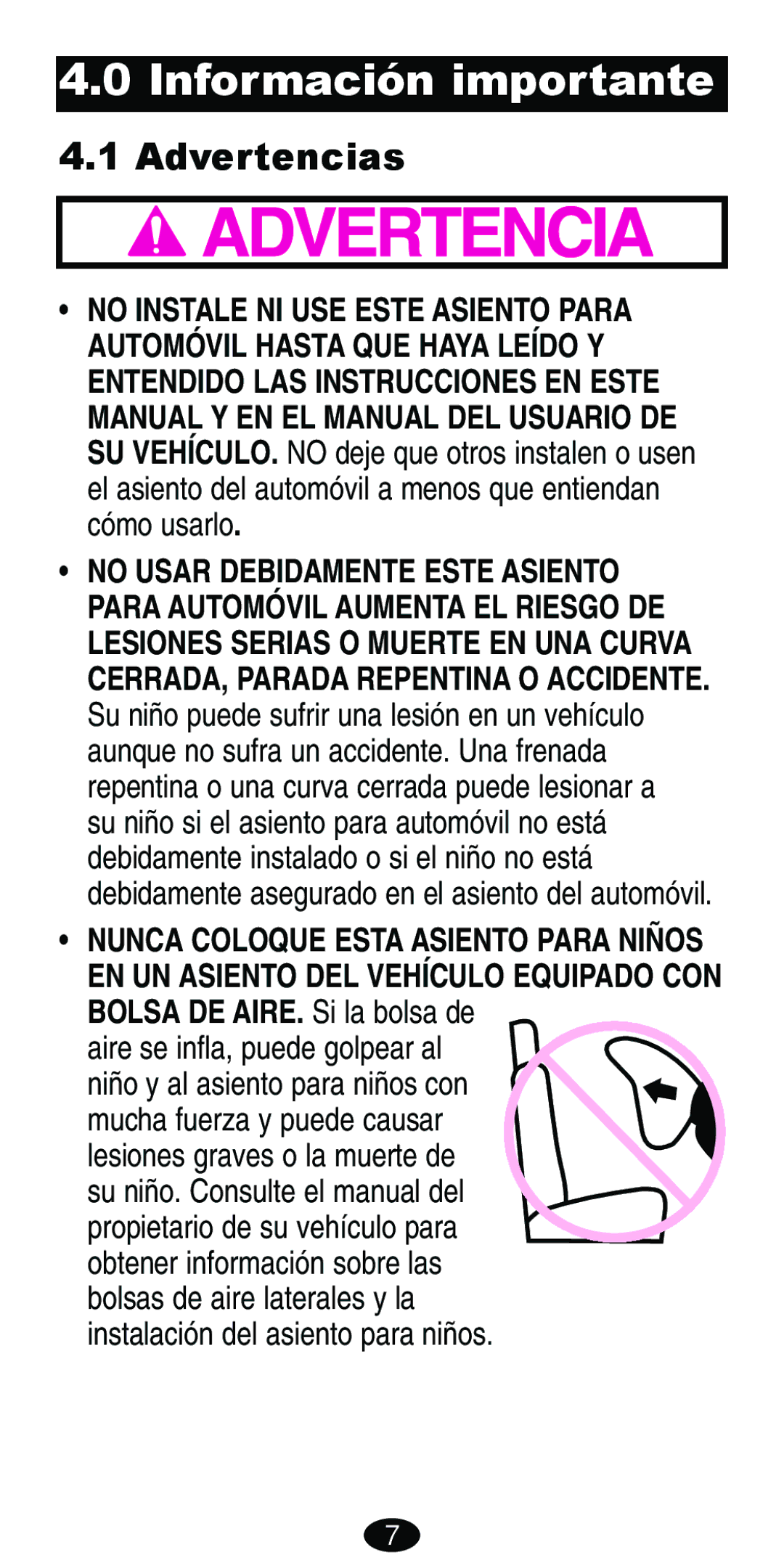 Graco Car Seat/Booster manual Información importante, Advertencias, Aire se infla, puede golpear al 