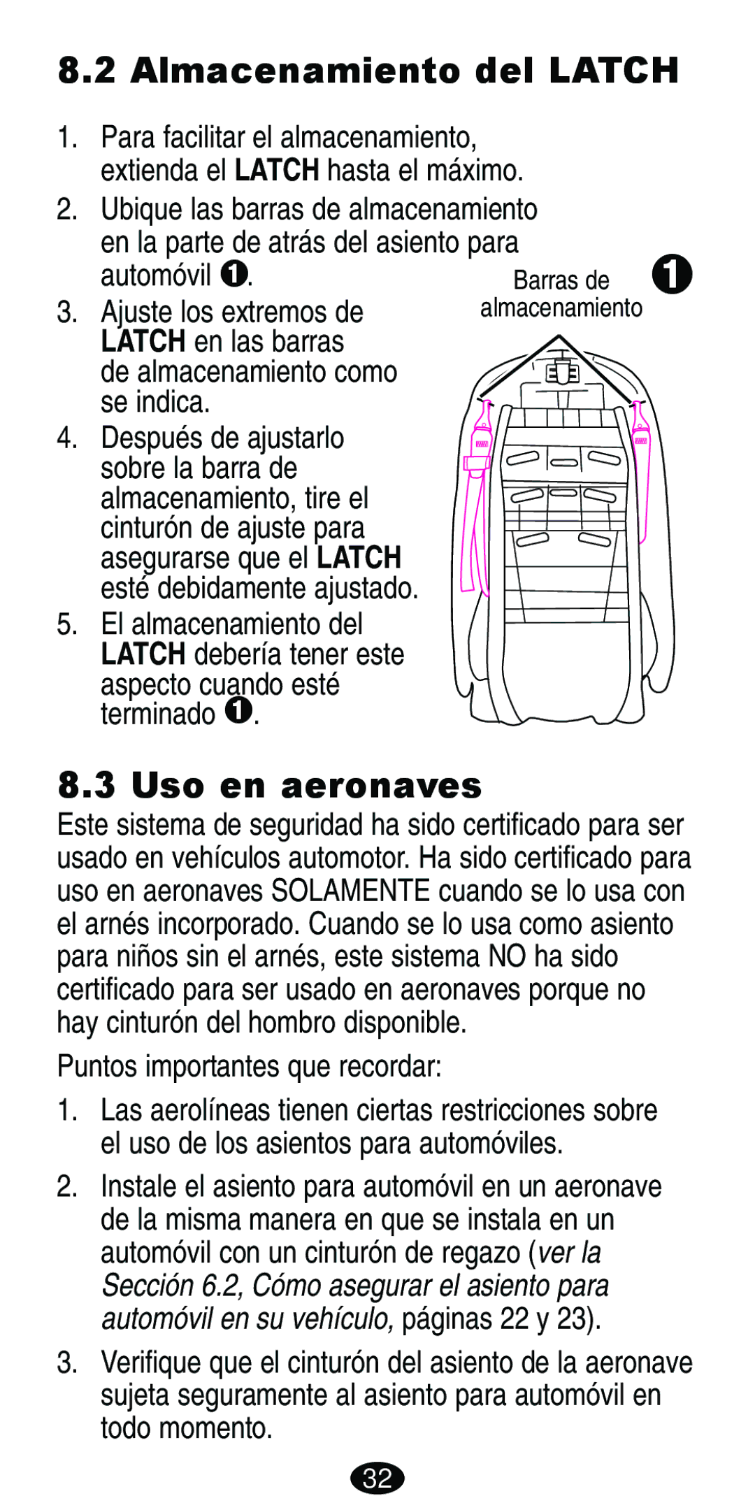 Graco Car Seat/Booster manual Almacenamiento del Latch, Uso en aeronaves 