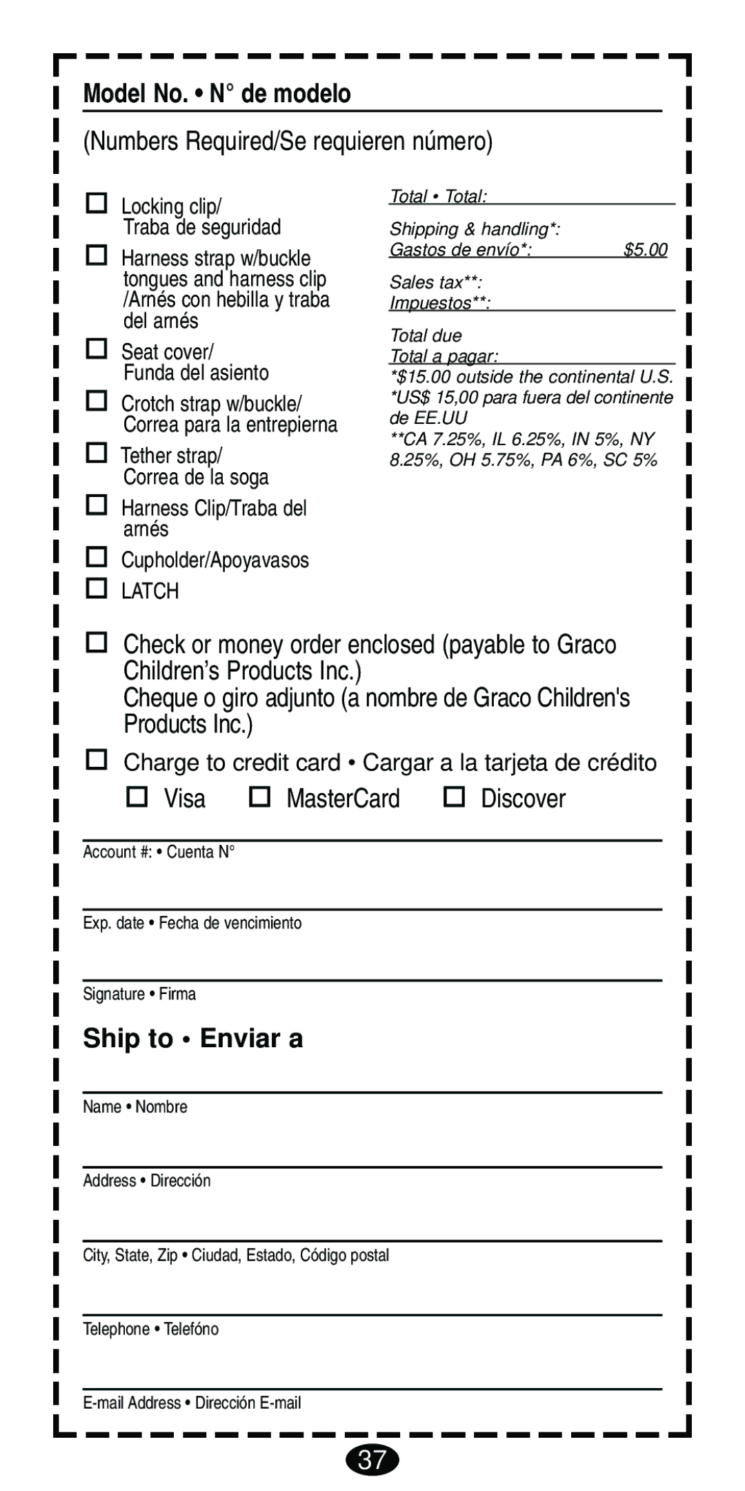 Graco Car Seat/Booster manual Model No. N de modelo, Ship to Enviar a 