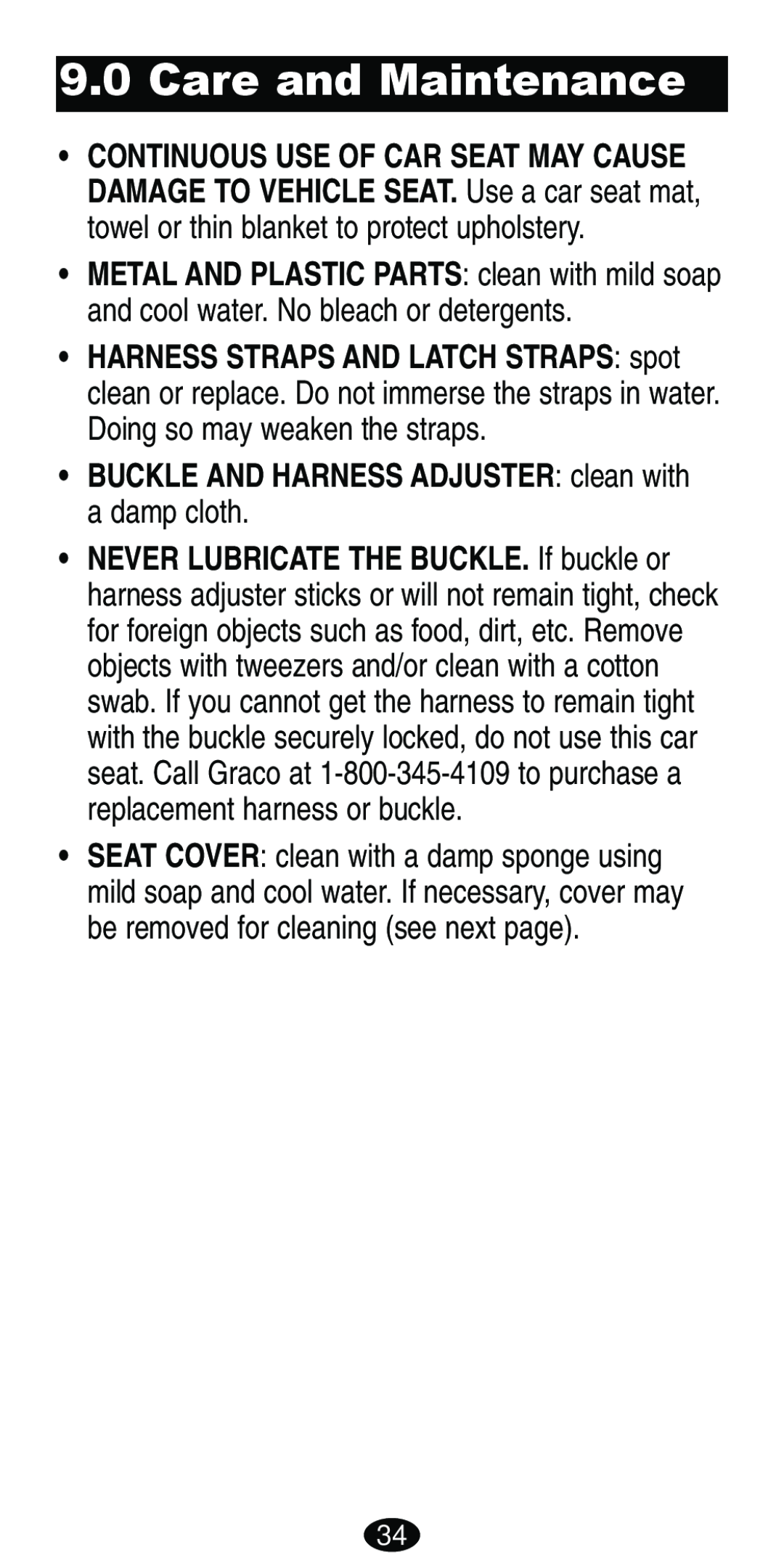 Graco Car Seat/Booster manual Care and Maintenance, BUCKLE AND HARNESS ADJUSTER clean with a damp cloth 