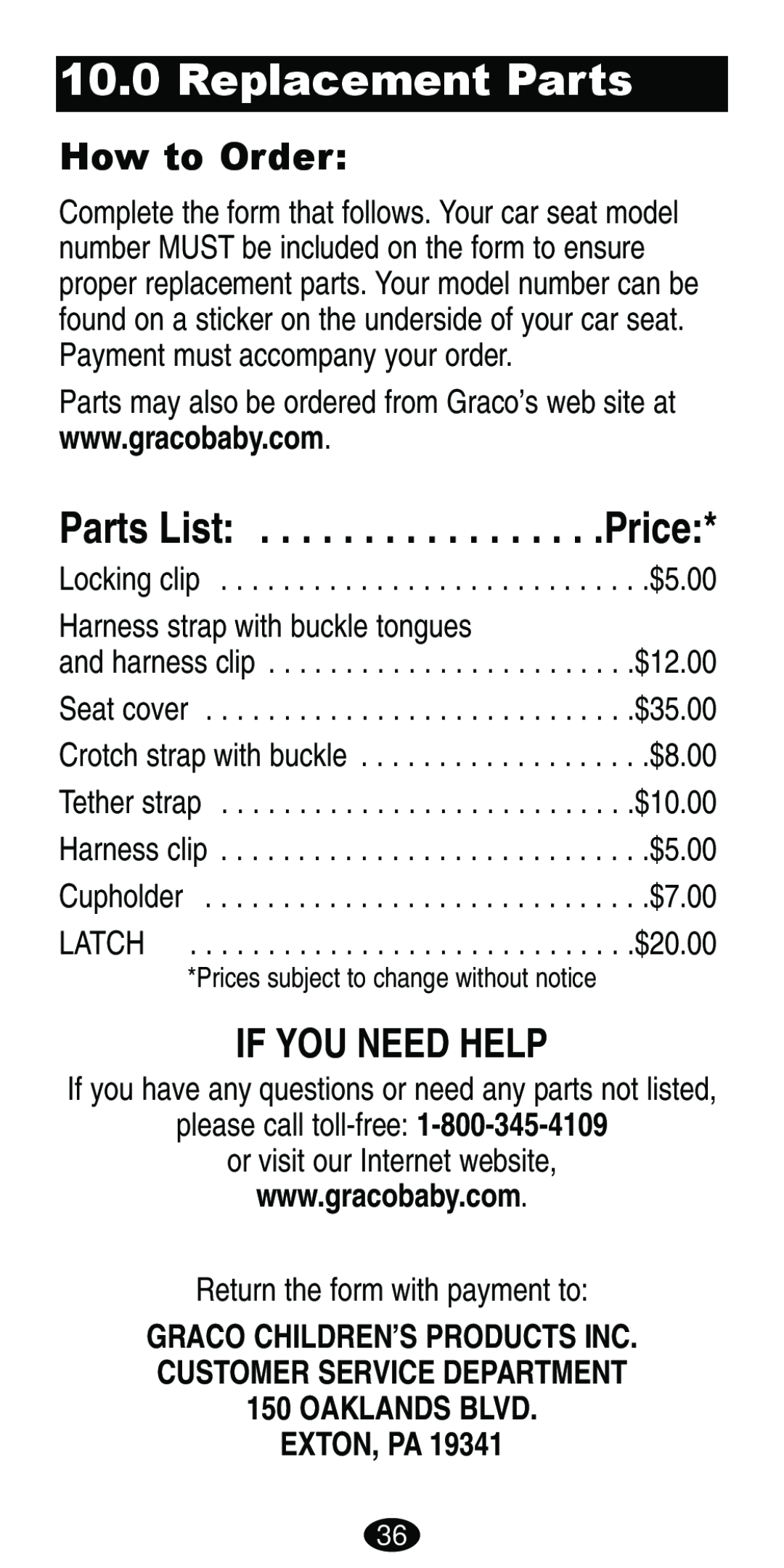 Graco Car Seat/Booster Replacement Parts, Parts List . . . . . . . . . . . . . . . . .Price, If You Need Help, Exton, Pa 