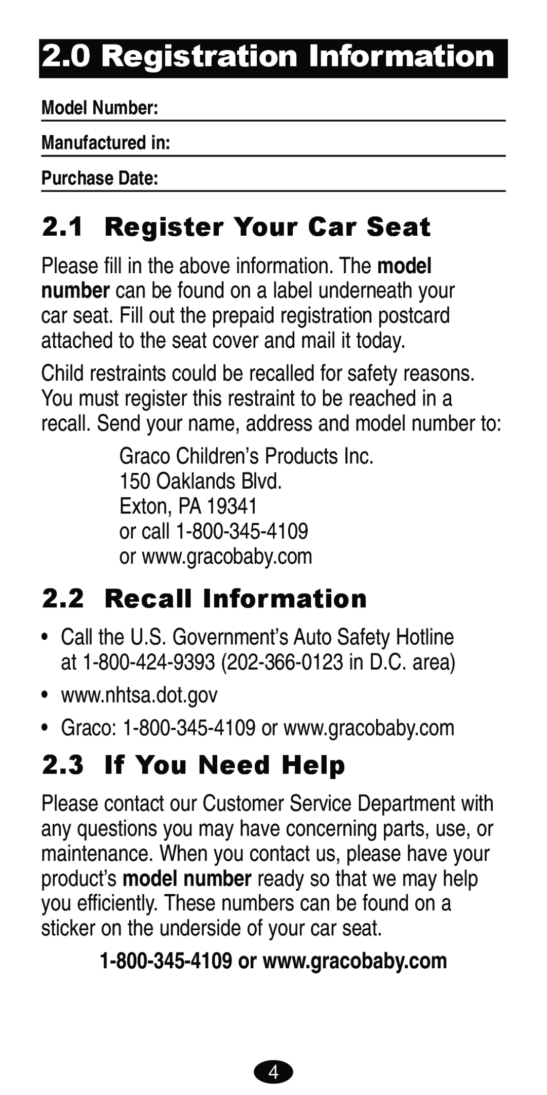 Graco Car Seat/Booster Registration Information, Register Your Car Seat, Recall Information, If You Need Help, Exton, PA 