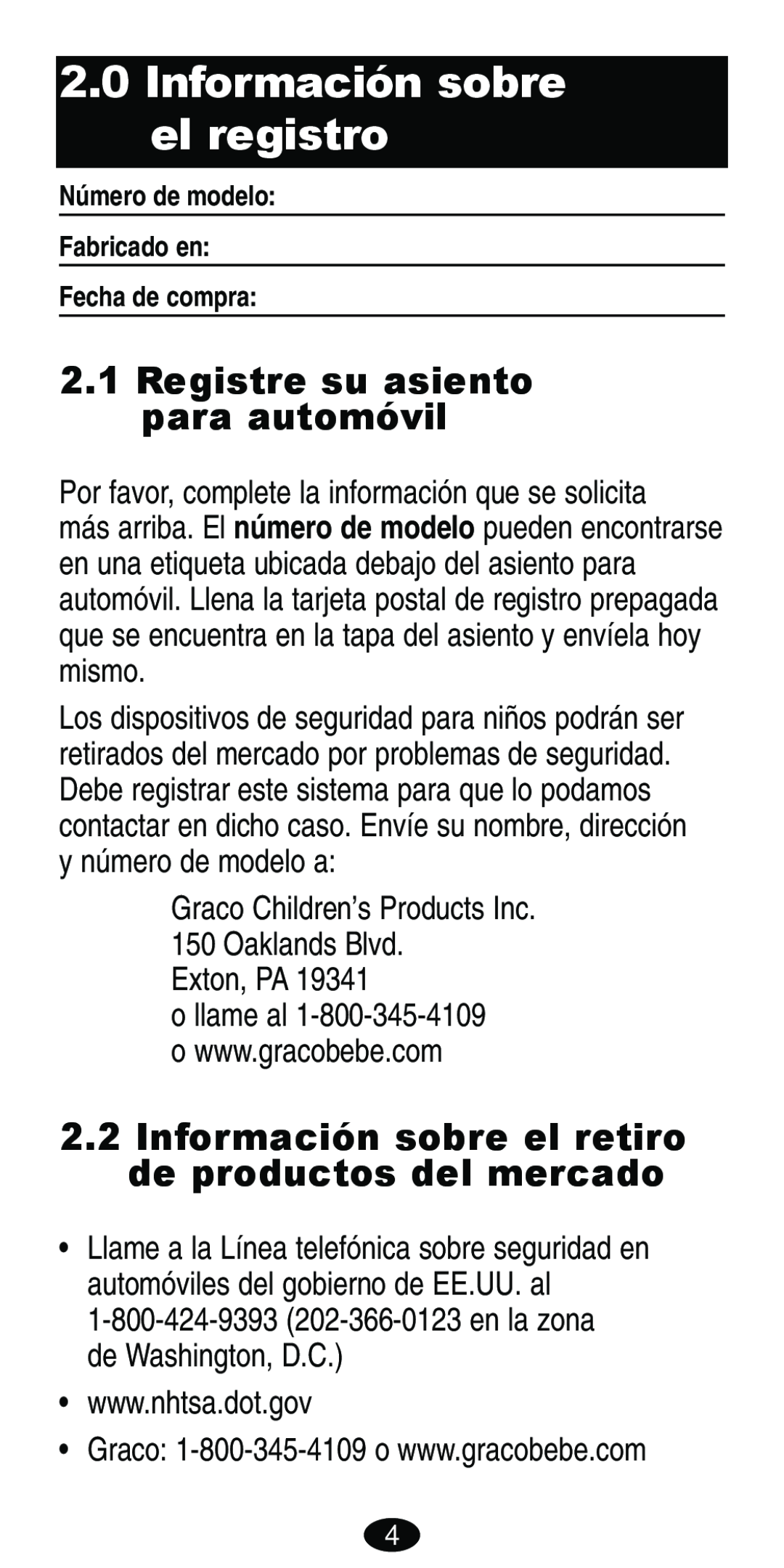 Graco Car Seat/Booster manual Información sobre el registro, Registre su asiento para automóvil 