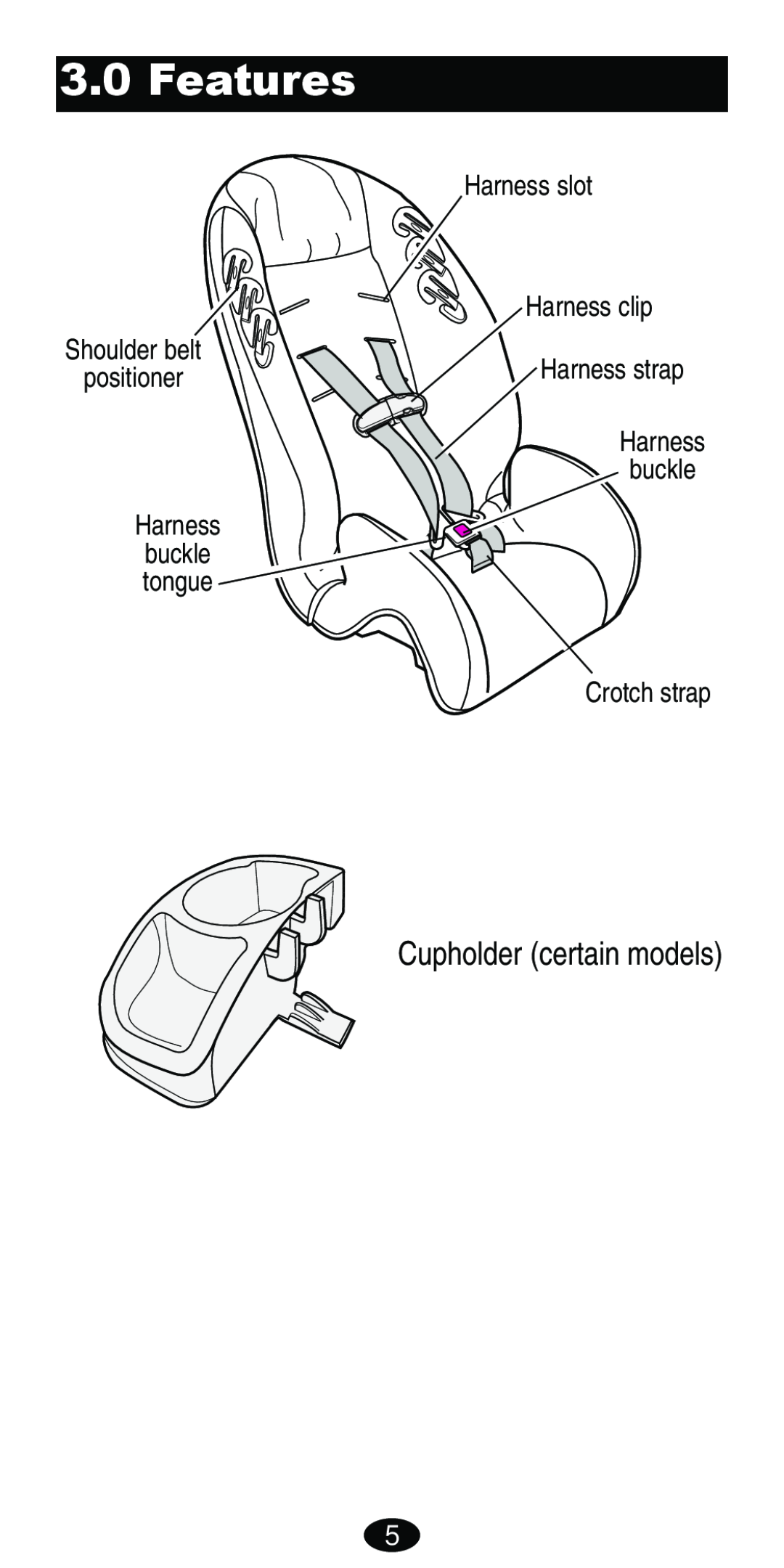 Graco Car Seat/Booster manual Features, Cupholder certain models, Shoulder belt positioner Harness 