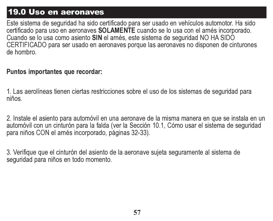 Graco Child Restraint/Booster Seat owner manual Uso en aeronaves, Puntos importantes que recordar 