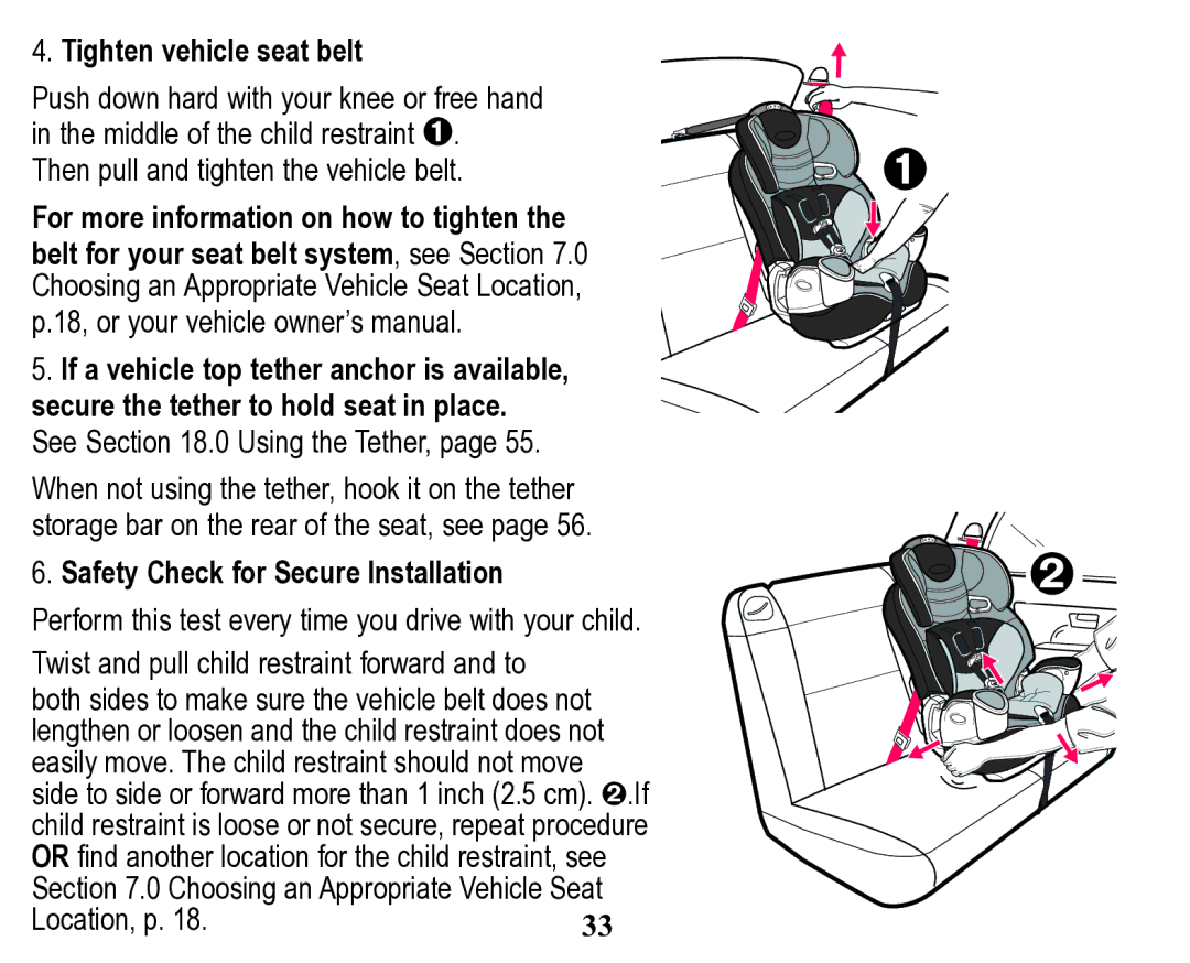 Graco Child Restraint/Booster Seat owner manual Tighten vehicle seat belt, Safety Check for Secure Installation 