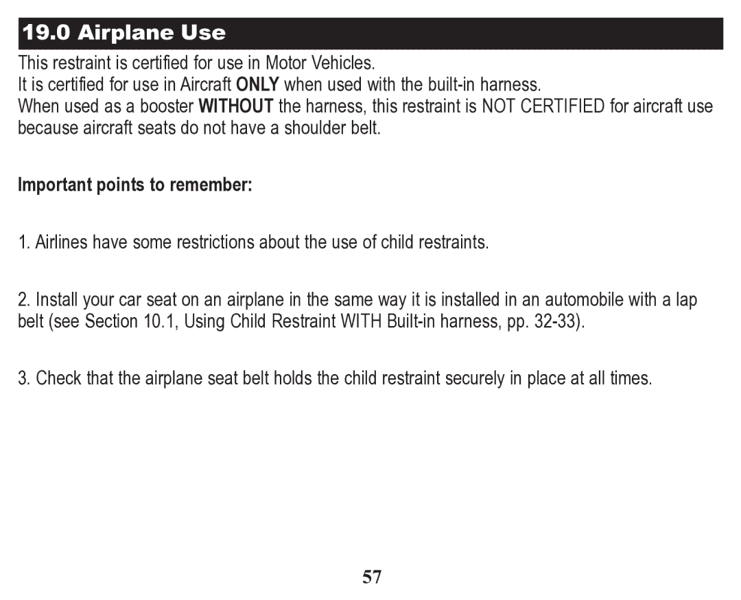 Graco Child Restraint/Booster Seat owner manual Airplane Use, Important points to remember 