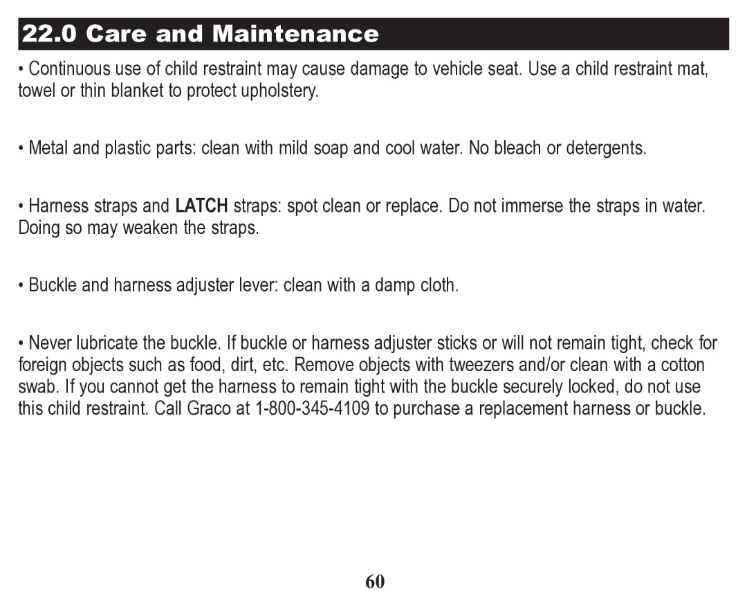 Graco Child Restraint/Booster Seat owner manual Care and Maintenance 