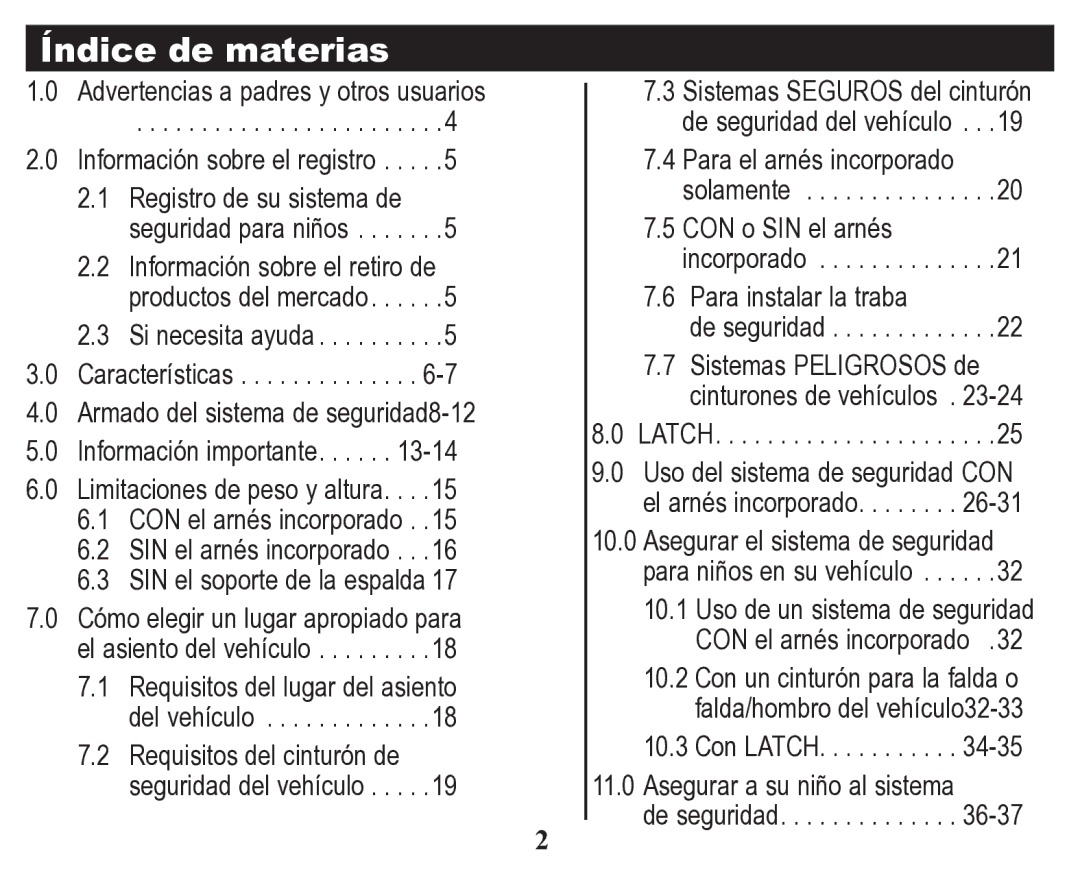 Graco Child Restraint/Booster Seat owner manual Índice de materias 