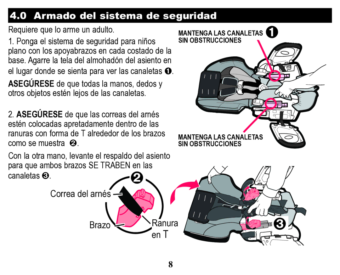 Graco Child Restraint/Booster Seat owner manual Armado del sistema de seguridad, Correa del arnés Brazo Ranura En T 