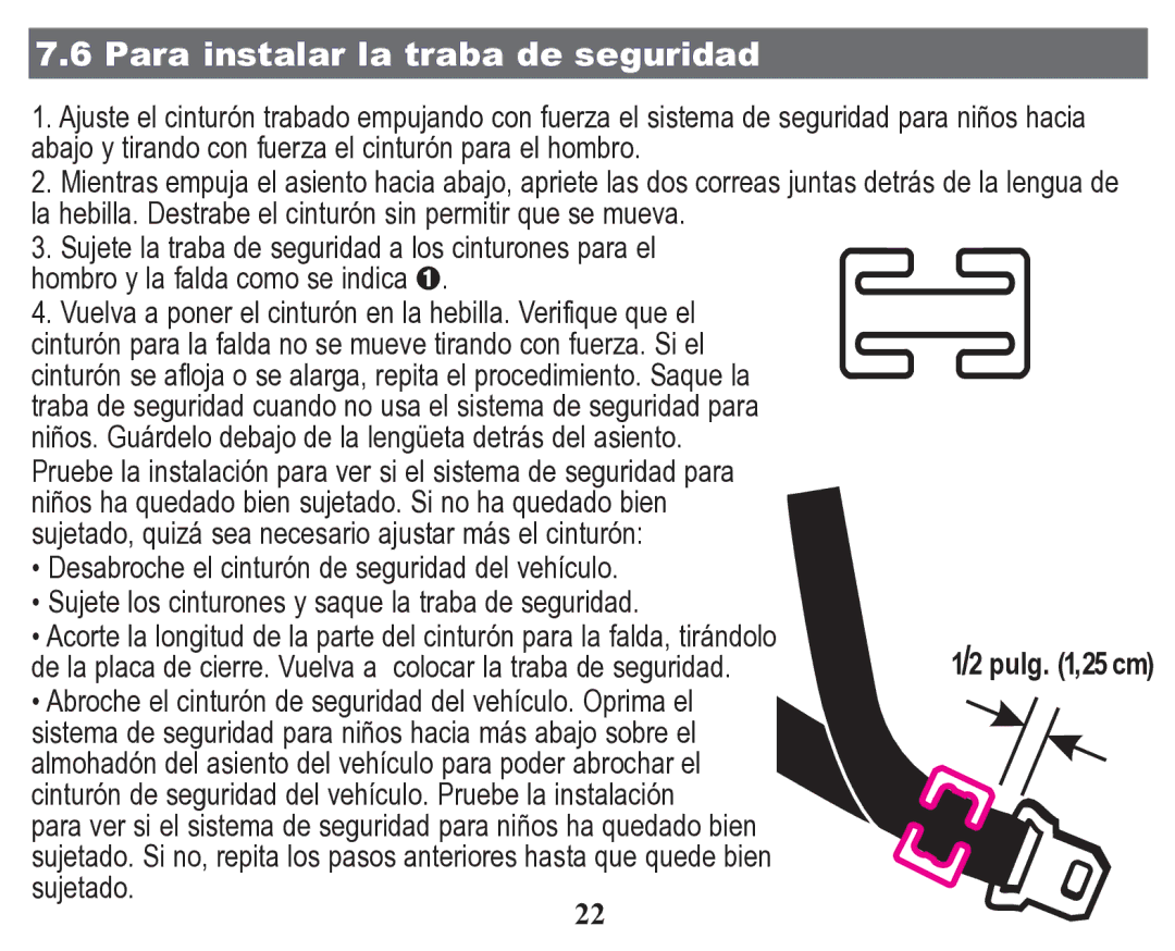 Graco Child Restraint/Booster Seat owner manual Para instalar la traba de seguridad 